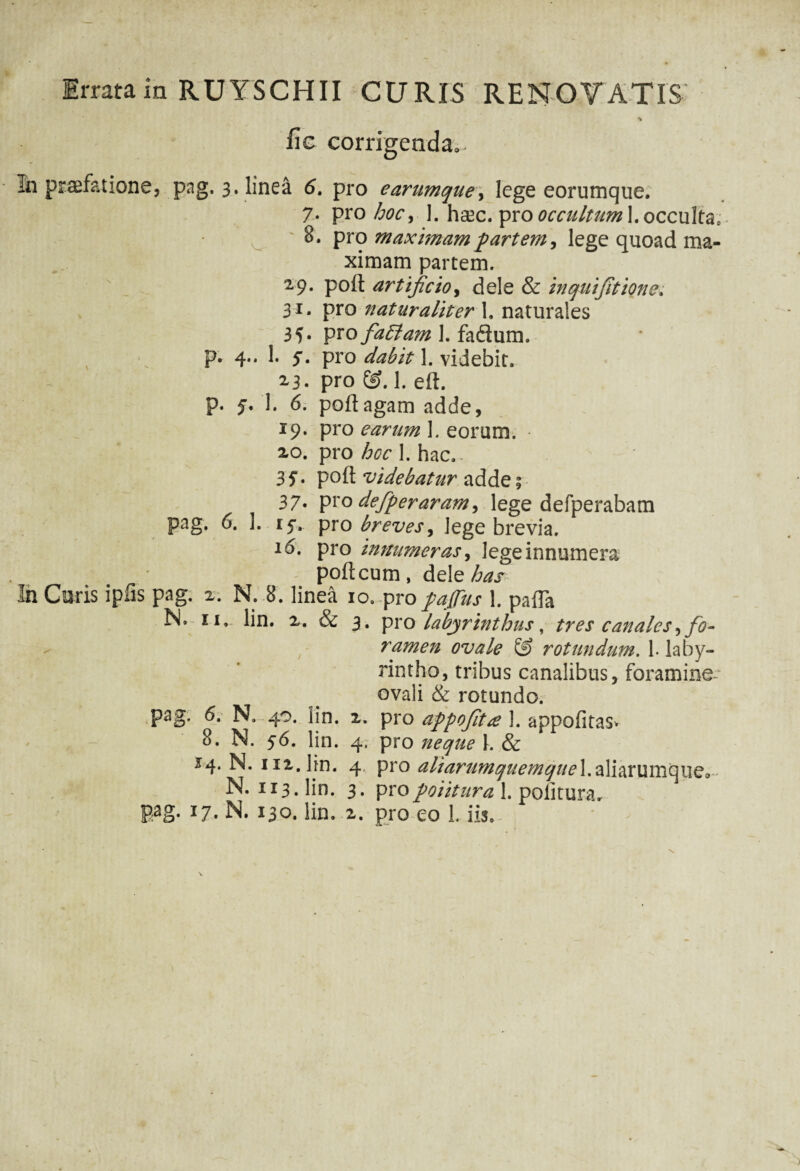 Errata in RUYSCHII CURIS RENOVATIS Ec corrigenda.* m praefatione, pag. 3. linea 6. pro earumque> lege eorumque. 7. pro hocy ]. hsec. prooccultumX.occulta. ' 8. pro maximam partem, lege quoad ma¬ ximam partem. 29* poft artificio, dele & inqiiifitione. 31. pro naturaliter 1, naturales 35. pro fadlam ]. fadum. p. 4.. 1. 5\ pro dabit 1. videbit. - ' 23- pro SJ. 1. eft. p. f. 1. 6. poflagam adde, 19. pro earum 1. eorum. • xo. pro hoc 1. hac.. 3 ?• P°ft videbatur adde; 37« pro defperaram^ lege defperabam pag. 6. 1. 15*. pro breves 1 lege brevia. 16. pro innumeras, lege innumera poft cum , dele has In Curis ipfis pag. 2. N. 8. linea 10. propajffits 1. pa(Ta N. 11. lin. 2. & 3. pro labyrinthus, tres canales fo¬ ramen ovale & rotundum. 1- laby¬ rintho, tribus canalibus, foramine- ovali & rotundo. pag. 6. N. 40. lin. 2. pro appofita 1. appofitas* 8. N. 56. lin. 4. pro neque 1. & 14. N. 112. lin. 4,, pro ^//^raw^«m^//^l.aliarumqi]e0~ N. 113. lin. 3. propoiitura 1. pofitura.