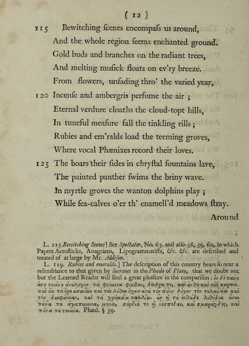 115 Bewitching fcenes encompafs us around, And the whole region Teems enchanted ground. Gold buds and branches on the radiant trees. And melting mufick floats on ev’ry breeze. From flowers, unfading thro’ the varied year, 120 Incenfe and ambergris perfume the air ; Eternal verdure cloaths the cloud-topt hills, In tuneful meafure fall the tinkling rills; Rubies and em’ralds load the teeming groves. Where vocal Phsenixes record their loves. 125 The boars their Tides in chryftal fountains lave, The painted panther fwims the briny wrave. In myrtle groves the wanton dolphins play ; While fea-calves o’er th’ enamell’d meadows fbay. Arou nd L. 11$,Bewitching Scenes’] See Spectator ^ No. 63. and allots, 59? 6or in which Papers Acrofticks, Anagrams, Lipogrammatifts, &c. &V. are defcribed and treated of at large by Mr. Jddifon. L. 119. Rubies and emeralds.] The defcription of this country bears fo near a refemblance to that given by Socrates in the,Phcedo of Plato ^ that we doubt not. but the Learned Reader will find a great pleafure in the comparifon : \v <Ltcom Hay toiccv.h dvaAoyGV tcc (puojuisva, (puecaa.1, S'evS'gcc T£,.. koci ocv^rr xcci re’s xm£>7T&. xcci au t ccogy ooauJioos xoa a h$ ccvoc tgv ccvhv Xoyov ttiv reX&o W \oc xoci TTiV cflOUp(X,vei'Zl\ xctl TCC ‘XtXiOtAOUOL XOcWiU. 00V JO TOC tl'SccC^S eil’OU «• v ^ ^ ‘ / r. * \ 3 1 ^ r \ / r; * Tav oc tcc aycc7rco/x€vocr jjcopiotr accpo'ict ts jo, icca77io a$> xco accccpocyd He, xai 7rdv.ee TccTOiccvioc. Phasd. § 59. ✓