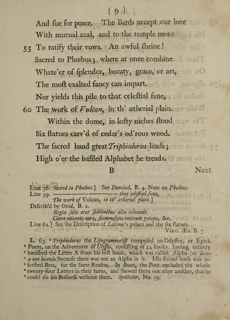 And fue for peace. The Bards accept our love With mutual zeal, and to the temple move 5 5 To ratify their vows. An awful fhrine! Sacred to Phoebus; where at once combine Whate’er of fplendor, beauty, grace, or art. The moft exalted fancy can impart. Nor yields this pile to that celeftial fane, 6o The Work of Vulcan, in th’ astherial plain. Within the dome, in lofty niches flood Six ftatues carv’d of cedar’s od’rous wood. The facred band great Triphiodorus leads; High o’er the baffled Alphabet he treads. B Next Line 56. Sacred to Phoebus.] See Dunctad, B. 4. Note on Phoebus. Line 59.-*-that celeftial fane, - . , Phe work of Vulcan, in th9 cetherial plain.] Defcrib’d by Ovid, B. 2. Regia folis erat fublimibus alta columnis Clara micante auro, flammafque imitante pyropo, See. Line 61.] See the Description of Latinus's palace and the fix flatties. *•* Virg. iEn. B. 7. L. 63. c Triphiodorus the Lipogrammatijl compofed an OdyfTey, or Epick * Poem, on the Adventures of Ulyjfes, confiding of 24 books, having entirely ‘ banifhed the Letter A from his hrd book, which was called Alpha (as Incus 4 a non lucendo)becau{c there was not an Alpha in it. His fecund book was in- 4 feribed Beta, for the fame Reafon. In fhort, the Poet excluded the whole 4 twenty-four Letters in their turns, and fhewed them one after another, that he 4 could do his Bufinefs without them. Spectator, No. 59.