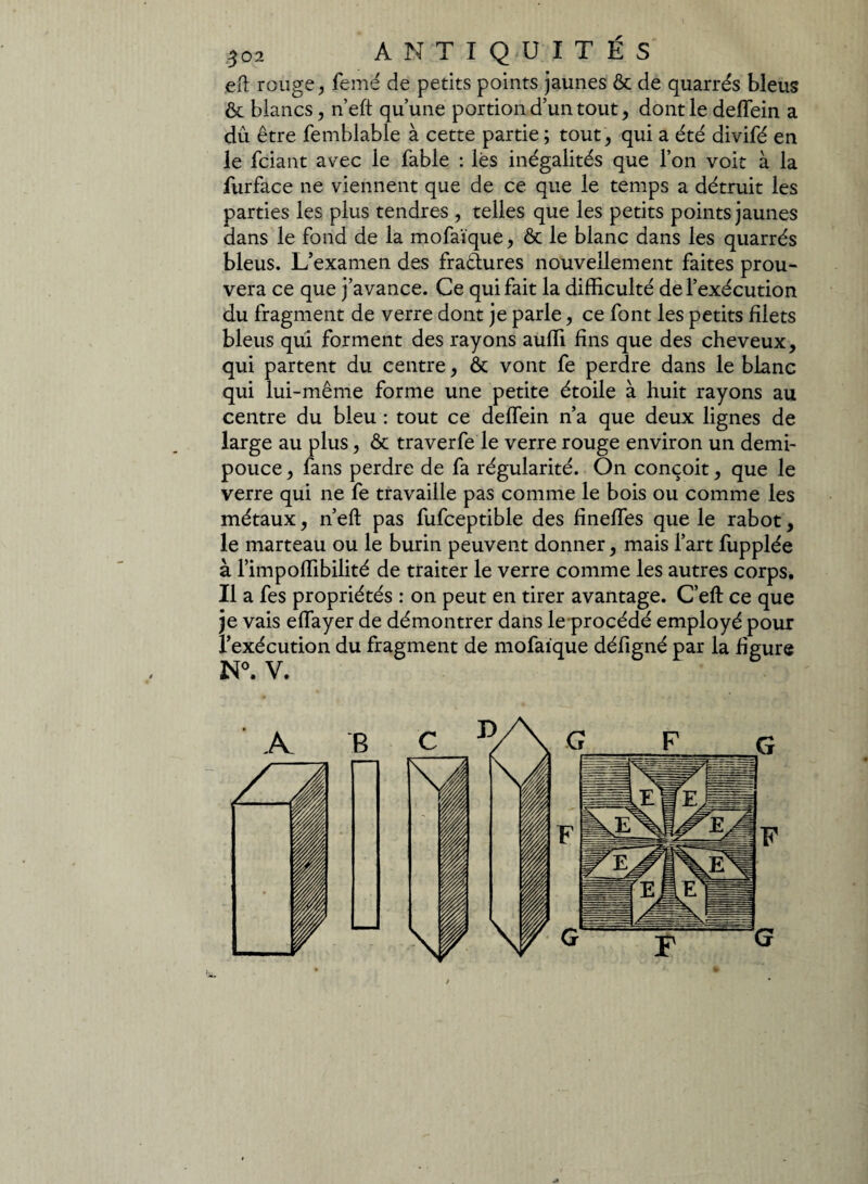 eft rouge, femé de petits points jaunes & de quarrés bleus & blancs, n’eft qu’une portion d’un tout, dont le deflein a dû être femblable à cette partie ; tout , qui a été divifé en le fciant avec le fable : lés inégalités que l’on voit à la furface ne viennent que de ce que le temps a détruit les parties les plus tendres , telles que les petits points jaunes dans le fond de la mofaïque, & le blanc dans les quarrés bleus. L’examen des fraétures nouvellement faites prou¬ vera ce que j’avance. Ce qui fait la difficulté de l’exécution du fragment de verre dont je parle, ce font les petits filets bleus qui forment des rayons auffi fins que des cheveux, qui partent du centre, & vont fe perdre dans le blanc qui lui-même forme une petite étoile à huit rayons au centre du bleu : tout ce deffein n’a que deux lignes de large au plus, & traverfe le verre rouge environ un demi- pouce , fans perdre de fa régularité. On conçoit, que le verre qui ne fe travaille pas comme le bois ou comme les métaux, n’eft pas fufceptible des fineffes que le rabot, le marteau ou le burin peuvent donner, mais l’art fupplée à l’impoffibilité de traiter le verre comme les autres corps. Il a fes propriétés : on peut en tirer avantage. C’eft ce que je vais eflayer de démontrer dans le procédé employé pour l’exécution du fragment de mofaïque défigné par la figure N°. V.