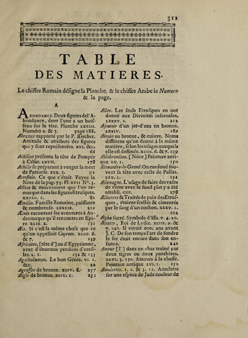 =sës=s^fl •X X X- -X- X X- X « X 5ïC * 5ïC * X X « X X X XXXXXXXXXXXXXXXXXXXXXX X ’ St XXXXXXXXXXXXXXXXXXXXXXXXXXXXXXXXKXXXXXXXX TABLE DES MATIERES- Le chiffre Romain défîgne la Planche, & le chiffre Arabe le Numéro & la page. A bond ance.Deux figuresdel’A- bondance, dont l’une a un boif- feau fur la tête. Planche lxxiii. Numéro z. 8c 3. page 188. Abraxas rapporté par le P. Kircher. Attitude 8t attributs des figures qui y font repréfentées. xxi. 8cc. 68 Achillas préfenta la tête de Pompée à Céfar. lxvii. 173 Achille fe préparant à venger la mort de Patrocle. xxx. 3. 91 Acrojlole. Ce que c’étoit. Voyez la Notedelapag. 53. Pl.xvn N®. 3. Aâlion 8c mouvement que l’on re¬ marque dans les figures Etrufques. xxvni. 1. 82 JEmilia. Famille Romaine, puifiante 6c nombreufe. lxxxix. 219 Ænte racontant fes aventures à Ân- dromaque qu’il rencontre en Epi- re. xlix. 2. 131 Æs. Si c’eft la même chofe que ce qu’on appelloit Cuprum. xcm. 6. 6c 7. *39 Africaine, [tête d’] ou d’Egyptienne, avec d’énormes pendans d’oreil¬ les. l. 1. 132 6c 133 Agathodcemon. Le bon Génie, vi. 1. 6cc. 22 dgraffes de bronze, xciv. 8. 257 Aigle de bronze, xciy* 1. 2jx Ailes. Les feuls Etrufques en ont donné aux Divinités infernales. lxxxv. 2. 212 Ajoutoir d’un jet-d’eau en bronze. LXX1V. 189 Airain ou bronze, 6c cuivre. Noms différens qu’on donne à la même matière, félon les ufages auxquels elleeftdeftinée.xcni. 6.6C7. 239 Aldobrandine. [ Noce ] Peinture anti¬ que. LV. I. ipo Alexandre-le-Grand.On confond fou- vent fa tête avec celle de Pallas. X LV. I. 1*1 Allemagne. L’ufage de faire des vafes de verre avec le fond plat y a été rétabli, cm. 278 Alliances 6cTraités de paix desEtruf* ques , étoient fcellés 8c cimentés par le fang d’un cochon, xxxv. 1. 102 Alpha facré. Symbole d’Ifis. v. 4. 20. Alyatte , Roi de Lydie, xcm. 9. ôc 7. 240. Il vivoit 600. ans avant J. C. De fon temps l’art de fondre le fer étoit encore dans fon en¬ fance. 24* Amour [ I’ ] dans un char traîné par deux tigres ou deux panthères. xlvi. 3. 130. Amours à la ehall'e. Peinture antique, lvi. j. *p a Amulettes. 1. 2. ÔC 3. 11. Amulette fur une efpèce de Jade couleur de