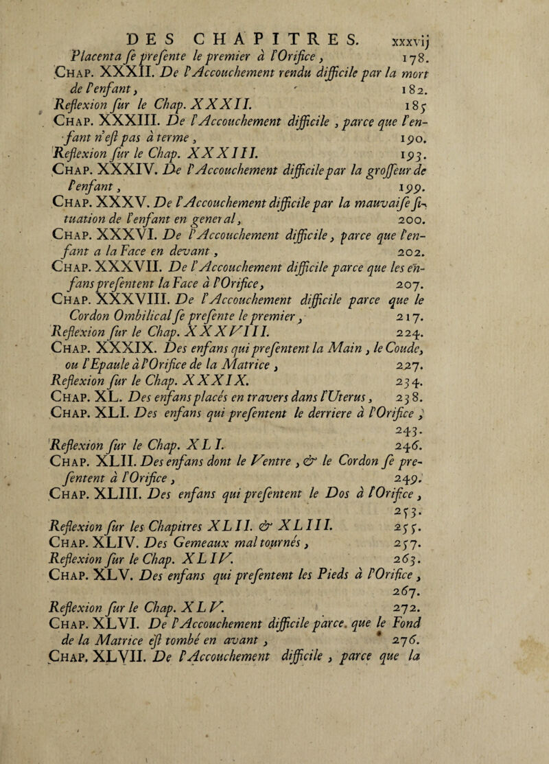 DES CHAPITRES. xxxvij F lacent afe prefente le premier à POrifice , 178. Chap. XXXII. De P Accouchement rendu difficile par la mort de P enfant, ' 182. Reflexion fur le Chap. XXXII. 187 Chap. XXXIII. De P Accouchement difficile 3 parce que Pen- •fantneflpasàterme3 ipo. Reflexion fur le Chap. XXX1II. 193. Chap. XXXIV. De P Accouchement difficile par la grojfeurde P enfant 3 199. Chap. XXXV. De P Accouchement difficile par la mauvaife fi^ tuation de Penfant en gener al3 200. Chap. XXXVI. De P Accouchement difficile, parce que Pen¬ fant a la Face en devant, 202. Chap. XXXVII. De P Accouchement difficile parce que les en- fans pre f entent laFace à POrifice, 207. Chap. XXXVIII. De P Accouchement difficile parce que le Cordon Ombilical fe prefente le premier, 217. Reflexion fur le Chap. XXXVIII. 224. Chap. XXXIX. Des enfans quiprefentent la Main , le Coude, ou P Epaule à P Orifice de la Matrice , 227. Reflexion fur le Chap. XXXIX. 234. Chap. XL. Des enfans placés en travers dans PUterus 3 238. Chap. XLI. Des enfans qui prefentent le derrière à POrifice } 243. Reflexion fur le Chap. XLI. 24 6. Chap. XLII. Des enfans dont le Ventre , & le Cordon fe pre¬ fentent à POrifice , 249. Chap. XLIII. Des enfans qui prefentent le Dos à POrifice, 2^3. Reflexion fur les Chapitres XLII. & XLIII. 237. Chap. XLIV. Des Gemeaux mal tournés , 237. Reflexion fur le Chap. XLIV. 263. Chap. XLV. Des enfans qui prefentent les Pieds à POrifice, 267. Reflexion fur le Chap. XLV. 272. Chap. XLVI. De P Accouchement difficile parce, que le Fond de la Matrice efi tombé en avant , 27 6. Chap. XLVII. De P Accouchement difficile , parce que la