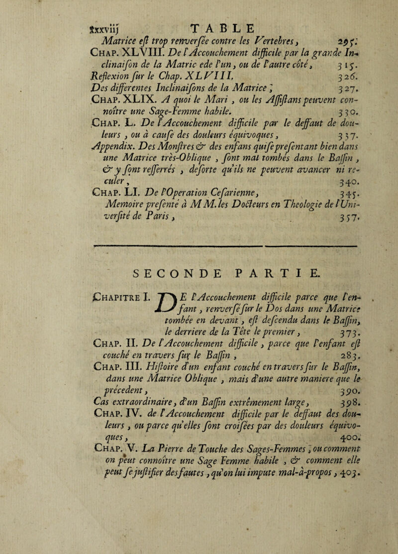 Sxxviij TABLE Matrice eff trop renverfée contre les Vertebres, 2^5'.’ Chap. XLVIII. De ï Accouchement difficile par la grande In•* clinaifon de la Matric ede F un, ou de F autre côté, 315. Reflexion fur le Chap. XLVIII. 32 6. Des differentes Inclinaifons de la Matrice ] 327. Chap. XLIX. A quoi le Mari , ou les Affifl ans peuvent con- noitre une Sage-Femme habile. 330. Chap. L. De F Accouchement difficile par le deffaut de dou¬ leurs y ou à caufe des douleurs équivoques , 337. Appendix. Des Monftres & des enfans quifeprefentant bien dans une Matrice três-Oblique 3 font mal tombés dans le Baffin , & y font refferrés , de forte quils ne peuvent avancer ni re¬ culer , 340. Chap. LI. De FOperation Cefarienne, 34J. Mémoire prefenté à MM. les Do Fleur s en Théologie deîUni- verfité de Paris , 357, SECONDE PARTI K Chapitre I. TT\ F F Accouchement difficile parce que F en- 1-Jfant ) renverféfur le Dos dans une Matrice tombée en devant, eft defcendu dans le Baffin, le derrière de la Tête le premier} 373. Chap. II. De F Accouchement difficile > parce que Fenfant ejl couché en travers fux le Baffin , 283. Chap. III. Hifloire d’un enfant couché en travers fur le Baffin, dans une Matrice Oblique , mais dû une autre maniéré que le précèdent y 3po* Cas extraordinaire y dé un Baffin extrêmement large y 398. Chap. IV. de F Accouchement difficile par le deffaut des dou¬ leurs y ou parce quelles font croifées par des douleurs équivo¬ ques , 400: Chap. V. La Pierre de Touche des Sages-Femmes i ou comment on peut connoitre une Sage Femme habile , & comment elle peut fejufliffer des fautes y qu’on lui impute mal-à-propos, 403.