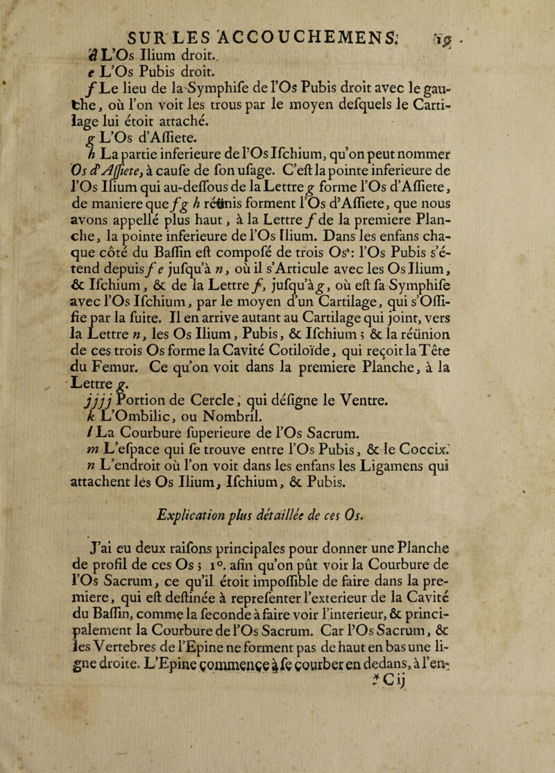 L’Os Ilium droit.. e L’Os Pubis droit. /Le lieu de laSymphife de l’Os Pubis droit avec le gau- fche, où l’on voit les trous par le moyen defquels le Carti¬ lage lui étoit attaché. g L’Os d’Alïiete. h La partie inferieure de l’Os Ifchium, qu’on peut nommer Os déAJfiete, à caufe de fon ufage. C’eft la pointe inferieure de l’Os Ilium qui au-deffous de la Lettre g forme l’Os d’Afliete, de maniéré quefg h réiinis forment l’Os d’Afliete, que nous avons appelle plus haut, à la Lettre / de la première Plan¬ che, la pointe inferieure de l’Os Ilium. Dans les enfans cha¬ que côté du Baflin eft compofé de trois Os': l’Os Pubis s’é¬ tend depuis/e jufqu’à n, où il s’Articule avec les Os Ilium, ôc Ifchium, & de la Lettre/, jufqu’àg, où eft fa Symphife avec l’Os Ifchium, par le moyen d’un Cartilage, qui s’Ofll- fîe par la fuite. Il en arrive autant au Cartilage qui joint, vers la Lettre n3 les Os Ilium, Pubis, & Ifchium ; ôc la réiinion de ces trois Os forme la Cavité Cotiloïde, qui reçoit la Tête du Fémur. Ce qu’on voit dans la première Planche, à la Lettre g. jjjj Portion de Cercle, qui défigne le Ventre. k L’Ombilic, ou Nombril. / La Courbure fuperieure de l’Os Sacrum. m L’efpace qui fe trouve entre l’Os Pubis, ôc le Coccix,1 n L’endroit où l’on voit dans les enfans les Ligamens qui attachent lés Os Ilium, Ifchium, ôc Pubis. Explication plus détaillée de ces Os. J’ai eu deux raifons principales pour donner une Planche de profil de ces Os j i°. afin qu’on pût voir la Courbure de l’Os Sacrum, ce qu’il étoit impoflible de faire dans la pre¬ mière, qui eft deftinée à reprefenter l’exterieur de la Cavité du Bafîin, comme la fécondé à faire voir l’interieur, ôc princi¬ palement la Courbure de l’Os Sacrum. Car l’Os Sacrum, ôc îesVertebres de l’Epine ne forment pas de haut en bas une li¬ gne droite. L’Epine çommençe I fc çourber en dedans, à l’en- ? Cij