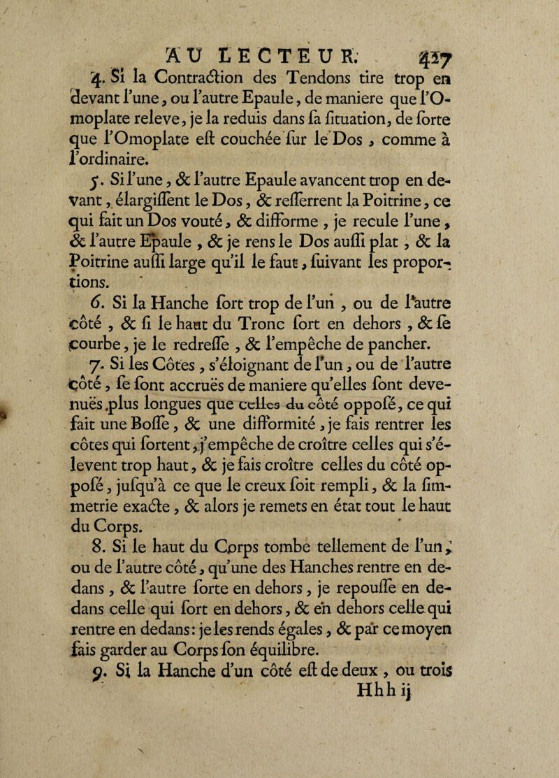 AU LECTEUR; 417 4. Si la Contraction des Tendons tire trop en devant lune, ou l’autre Epaule, de maniéré que l’O¬ moplate releve, je la réduis dans fa fituation, de forte que l’Omoplate elt couchée fur le Dos * comme à l’ordinaire. 5. Si l’une, & l’autre Epaule avancent trop en de¬ vant , élargiflent le Dos, & relferrent la Poitrine ? ce qui fait un Dos voûté, & difforme , je recule l’une, & l’autre Epaule , & je rens le Dos auffi plat, & la Poitrine aufïi large qu’il le faut, foivant les propor- rions. 1 6. Si la Hanche fort trop de l’un > ou de Pautre côté , 8c fi le haut du Tronc fort en dehors , & fo jcourbe, je le redreffo , & l’empêche de pancher. 7. Si les Côtes , s’éloignant de l’un * ou de l’autre içôté, fe font accrues de maniéré quelles font deve¬ nues .plus longues que celles du coté oppofé, ce qui fait une Boffe, & une difformité , je fais rentrer les côtes qui fortent, j’empêche de croître celles qui s’é¬ lèvent trop haut, & je fais croître celles du côté op- pofé ? jufqu’à ce que le creux foit rempli, & la fim- metrie exacte, & alors je remets en état tout le haut du Corps. 8. Si le haut du Corps tombe tellement de l’un ^ ou de l’autre côté * qu’une des Hanches rentre en de¬ dans > & l’autre forte en dehors, je repoufîe en de¬ dans celle qui fort en dehors , & eh dehors celle qui rentre en dedans: je les rends égales, & par ce moyen fais garder au Corps fon équilibre. y. Si la Hanche d’un côté efl: de deux , ou trois Hhhij X