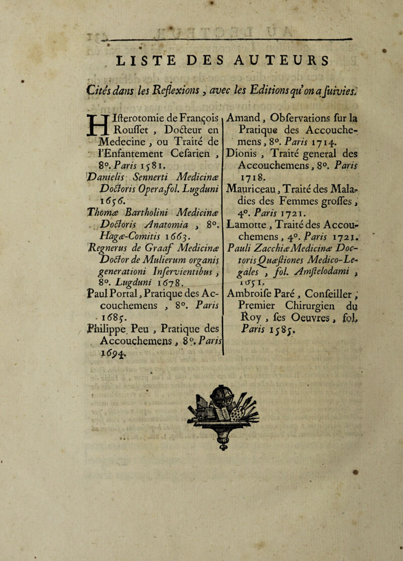 » LISTE DES AUTEURS Cités dans les Reflexions, avec les Editions qu’on a fuiviesi HIfterotomie de François Rouflet > Dodeur en Medecine , ou Traité de l’Enfantement Cefarien * 8°. Parts 1581. Damelts Sennerti Medicmae Dottoris Opéra,fol. Lugduni 16$ 6. Thomœ Bartholini Medicinæ Dofforis Anatomia , .8°. Hagæ-Comitis 1663. Regnerus de Graaf Medicinæ Dofîor de Mulierum organis generationi Injervientibus , 8°. Lugduni 1678. Paul Portai, Pratique des Ac¬ couchemens , 8°. Paris • 1685*. Philippe. Peu , Pratique des Accouchemens, 8 °. Paris 169%. Amand, Obfervations fur la Pratique des Accouche¬ mens 3 8°. Paris 1714. Dionis , Traité general des Accouchemens, 8°. Paris 1718. Mauriceau, Traité des Mala¬ dies des Femmes grolfes, 4°. Paris 1721. Lamotte 3 Traité des Accou¬ chemens , 40. Paris 1721. Pauli ZacchiœMedicinœ Doc- torisQuœfiiones Medico-Le~ gales , fol. Amftelodami , 1 CT J I. Ambroife Paré 3 Concilier ; Premier Chirurgien du Roy , fes Oeuvres, fol, Paris 1587.