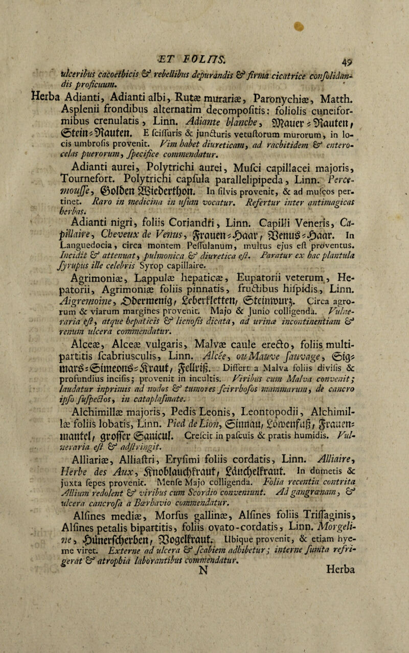 ulceribus cacoethicis rebellibus depurandis & firma cicatrice confolidan- dis proficuum. Herba Adianti, Adianti albi , Rutae murariæ, Paronychiae, Matth. Asplenii frondibus alternarim decompofîtis : foliolis cuneifor¬ mibus crenulatis , Linn. Adiante blanche, patiet4 * bauten f ©tritt ^9LUltett. E fcilfuris & juncturis vetuliorum murorum, in lo¬ cis umbrolis provenit. Vini habet diureticam, ad rachitidem & entero- celas puerorum y fpecifice commendatur. Adianti aurei, Polytrichi aurei, Mufci capillacei majoris, Tournefort. Polytrichi capfula parallelipipeda, Linn. Perce- moujje, ©ol&Ctt SSkbcrt^Ott. In nivis provenit, & ad mufeos per¬ tinet. Raro in medicina in iifum vocatur. Refertur inter antimagicas herbas. Adianti nigri, foliis Coriandri, Linn. Capilli Veneris, Ca¬ pillaire y Cheveux de Vernis y jÇrauett*«£>a<U’f SSettilé^aar. In Languedocia, circa montem Peffulanum, multus e/us eft proventus. Incidit £r' attenuat y pulmonica o° diuretica e fi. Paratur ex hac planiula JyrUpus ille celebris Syrop capillaire. Agrimoniæ, Lappulae hepaticae, Eupatorii veterum , He- patorii. Agrimoniae foliis pinnatis, frudibus hilpidis, Linn. Àigremoine, .Obermentg, griberflettett/ ©frinmurj* Circa agro¬ rum <$c viarum margines provenit. Majo & Junio colligenda. Vulne¬ raria efiy atque hepaticis lienofis dicata, ad urina incontinentiam renum ulcera commendatur. Alceae, Alceæ vulgaris, Maîvæ caule eredo, foliis multi¬ partitis fcabriusculis, Linn. Alece y ou Mauve fauvage, ©tg* UKU^sVpÙtteoné^S't’ttUt/ 5*rilriß. Differt a Malva foliis divifis & profundius incilis^ provenit in incultis. Viribus cum Malva convenit; laudatur inprimis ad nodos £? tumores fcirrhofos mammarum y de cancro ipfo fufpecloSy in cataplafmate. Alchimillæ majoris, Pedis Leonis, Leontopodii, Alchimil- îæ foliis lobaris, Linn. Pied deLiôhy ©fttttail/ £on>ettfuß/ j|raue»s mantcl, groffer ©UlttCUh Crelcit in pafcuis & pratis humidis. Vul¬ neraria efi adftringit. Alliariæ, Alliallri, Erylimi foliis cordatis, Linn. Alliaire, Herbe des Aux y ÄttOblaud)ftMUtf £dilCt>elfraut- In dumetis & juxta fepes provenit. Menfe Majo colligenda. Folia recentia contrita Allium redolent 0? viribus cum Scor dio conveniunt. Ad gangrœnam, E? ulcera cancrofa a Bœrhavio commendatur. Allines mediæ, Morfus gallinæ. Allines foliis Trillaginis, Alfines petalis bipartitis, foliis ovato-cordatis, Linn. Morgeli- lie y £tftterfd)erktt/ 950gdfvaut Ubique provenit, & etiam hye- me viret. Externe ad ulcera ET fcabiem adhibetur ; interne fumta refri¬ gerat <i? atrophia laborantibus commendatur. N Herba