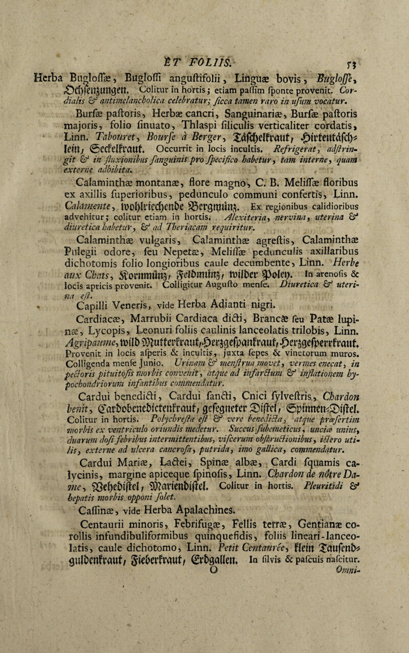 tT FOLIIS. n Herba Budoflæ, Buglofli anguftifolii, Linguæ boVis , BugloJJe> «OcbfenjUtt^ert. Colitur in hortis ; etiam paffim fponte provenit. Cor- dialis Bf aniimelancholica celebratur; ficca tamen raro in ufum vocatur. Burfæ paftoris, Herbæ cancri, Sanguinariae, Burfæ paftoris majoris, folio finuato, Thlaspi filiculis verticaliter cordatis, Linn. Tabouret, Bourfe à Berger, ïdfd)Clfratîf f f)\Vtîl\tàfdp lem / ©CCMftCUlt. Occurrit in locis incultis. Refrigerat, aâflrin- git cf in fluxionibus fanguinis pro fpecifico habetur, tarn interne, quam externe adhibita. Calaminthæ montanæ, flore magno, C. B. Meliflæ floribus ex axillis fuperioribus, pedunculo communi confertis, Linn. Calanicnte, tt>Ol}Il*tCCf)Cnî)C Ex regionibus calidioribus advehitur; colitur etiam in hortis. Aiexiteria, nervina, uterina &f diuretica habetur, Bf ad Theriacam requiritur. Calaminthæ vulgaris, Calaminthæ agreftis, Calaminthæ Pulegii odore, feu Nepetæ, Meliflæ pedunculis axillaribus dichotomis folio longioribus caule decumbente , Linn. Herbe aux Chats, &ormnÔn&r inarenofis & locis apricis provenit. Colligitur Augufto menfe. Diuretica Bf uteri¬ na eß. k Capilli Veneris, vide Herba Adianti nigri. Cardiacæ, Marrubii Cardiaca didi, Brancàe feu Patæ lupi» ns, Lycopis, Leonuri foliis caulinis lanceolatis trilobis, Linn. Agriparme, Mb SRuttetf irauf/^erjpcfpanf vautf «perjsefperrfratit Provenit in locis afperis & incultis, juxta fepes & vinetorum muros. Colligenda menfe Junio. Urinam Bf menfirua movet, vermes enecat, pe Boris pituitofis morbis convehit, atque ad infarBum Bf inflationem hy¬ pochondriorum infantibus commendatur. Cardui benedidi, Cardui fandi, Cnici fylveftris, Chardon lenit, (i'arboL'cnc&icteiiffOUt, gefegrtefer S)ifîd, Colitur in hortis. Polychrefla efl Bf vere benediBa, atque prcefertim ?ncrbis ex ventriculo oriundis medetur. Succus fub emeticus, uncia unius % duarum dofi febribus intermittentibus, vifcerum obftruBionibus, iSforo uti- //>, externe ad ulcera cancrofa, putrida, zV/20 gallica, commendatur. Cardui Mariæ, Ladei, Spinae albae, Cardi fquamis ca- lycinis, margine apiceque fpinofis, Linn. Chardon de nôtre Da¬ me , SßefK&lfW/ 53?Ctrienbi(iel^ Colitur in hortis. Pleuritidi Bf hepatis morbis opponi folet. Caflinae, vide Herba Apalachines. Centaurii minoris, Febrifugae, Fellis terrae, Gentianae co¬ rollis infundibuliformibus quinquefidis, foliis lineari-lanceo¬ latis, caule dichotomo, Linn. Petit Centauree > flein Jittlfetlfc <julbenfa*aut/ Srbgalktt, in fiivis & pafcuis hafatur. O  Omni-