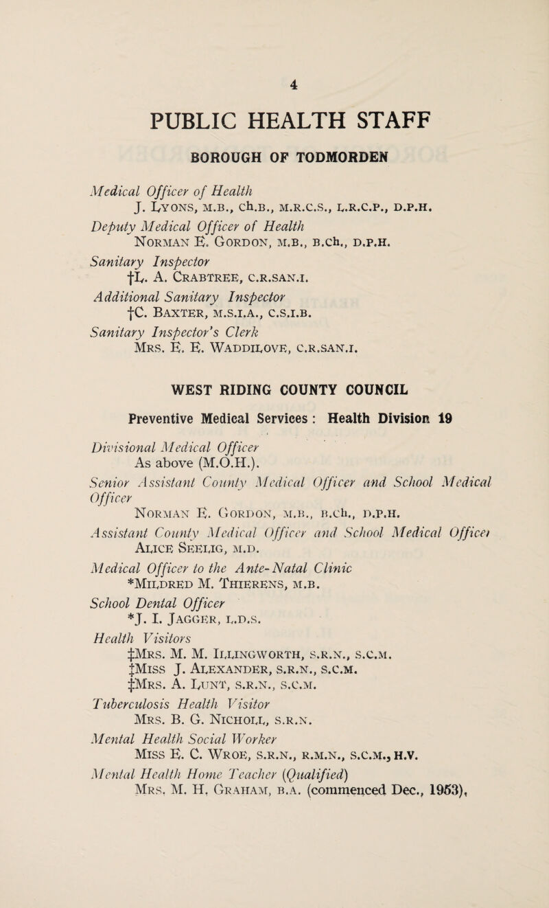 PUBLIC HEALTH STAFF BOROUGH OF TODMORDEN Medical Officer of Health J. EYONS, M.B., Ch.B., M.R.C.S., E.R.C.P., D.P.H. Deputy Medical Officer of Health Norman E» Gordon, m.b., B.ch., d.p.h. Sanitary Inspector tL- A. Crabtree, c.r.san.i. Additional Sanitary Inspector jC. Baxter, m.s.i.a., c.s.i.b. Sanitary Inspector’s Clerk Mrs. E. E. Waddieove, c.r.san.i. WEST RIDING COUNTY COUNCIL Preventive Medical Services: Health Division 19 Divisional Medical Officer As above (M.O.H.). Senior Assistant County Medical Officer and School Medical Officer Norman E. Gordon, m.b., B.ch., d,p.h. Assistant County Medical Officer and School Medical Office/ Aexce Seerig, m.d. Medical Officer to the Ante-Natal Clinic *Mirdred M. ThierEns, m.b. School Dental Officer *J. I. Jagger, e.d.s. Health Visitors :J:Mrs. M. M. Ieeingworth, s.r.n., s.c.m. JMiss J. Aeexander, S.R.N., S.C.M. |Mrs. A. Bunt, s.r.n., s.c.m. Tuberculosis Health Visitor Mrs. B. G. Nichoee, s.r.n. Mental Health Social Worker Miss E. C. Wroe, s.r.n., r.m.n., s.c.m., h.v. Mental Health Home Teacher (Qualified) Mrs, M. H, Graham, b.a. (commenced Dec., 1953),