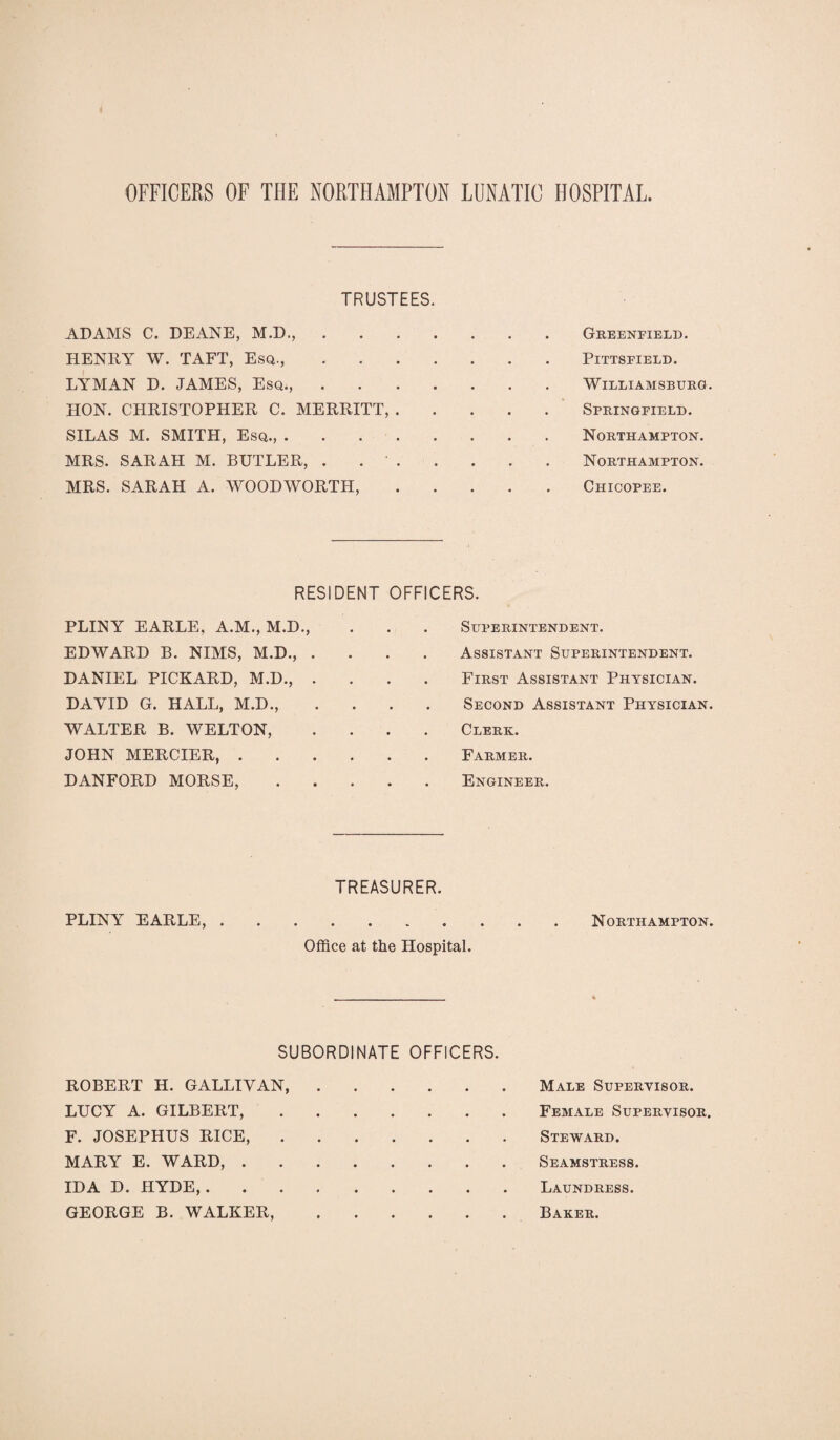 OFFICERS OF THE NORTHAMPTON LUNATIC HOSPITAL TRUSTEES. ADAMS C. DEANE, M.D.,.Greenfield. HENRY W. TAFT, Esq.,.Pittsfield. LYMAN D. JAMES, Esq.,.Williamsburg. HON. CHRISTOPHER C. MERRITT,.Springfield. SILAS M. SMITH, Esq.,.Northampton. MRS. SARAH M. BUTLER, . . '.Northampton. MRS. SARAH A. WOODWORTH,.Chicopee. RESIDENT OFFICERS. PLINY EARLE, A.M., M.D., EDWARD B. NIMS, M.D., . DANIEL PICKARD, M.D., . DAVID G. HALL, M.D., WALTER B. WELTON, JOHN MERCIER, . DANFORD MORSE, Superintendent. Assistant Superintendent. First Assistant Physician. Second Assistant Physician. Clerk. Farmer. Engineer. TREASURER. PLINY EARLE,.Northampton. Office at the Hospital. SUBORDINATE ROBERT H. GALLIVAN, . LUCY A. GILBERT, .... F. JOSEPHUS RICE, .... MARY E. WARD,. IDA D. HYDE,. GEORGE B. WALKER, OFFICERS. Male Supervisor. Female Supervisor. . . . Steward. Seamstress. Laundress. . . . Baker.