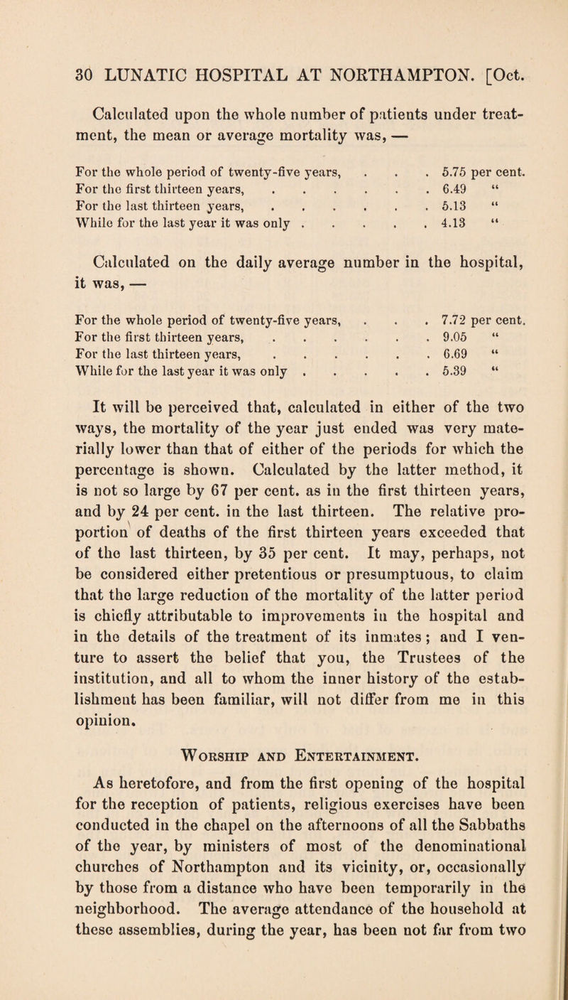 Calculated upon the whole number of patients under treat¬ ment, the mean or average mortality was, — For the whole period of twenty-five years, For the first thirteen years, For the last thirteen years, While for the last year it was only . 5.75 per cent. 6.49 5.13 4.13 Calculated on the daily average number in the hospital, it was, — For the whole period of twenty-five years, For the first thirteen years, For the last thirteen years, While for the last year it was only . 7.72 per cent. 9.05 6.69 5.39 It will be perceived that, calculated in either of the two ways, the mortality of the year just ended was very mate¬ rially lower than that of either of the periods for which the percentage is shown. Calculated by the latter method, it is not so large by 67 per cent, as in the first thirteen years, and by 24 per cent, in the last thirteen. The relative pro¬ portion of deaths of the first thirteen years exceeded that of the last thirteen, by 35 per cent. It may, perhaps, not be considered either pretentious or presumptuous, to claim that the large reduction of the mortality of the latter period is chiefly attributable to improvements in the hospital and in the details of the treatment of its inmates ; and I ven¬ ture to assert the belief that you, the Trustees of the institution, and all to whom the inner history of the estab¬ lishment has been familiar, will not dilfer from me in this opinion* Worship and Entertainment. As heretofore, and from the first opening of the hospital for the reception of patients, religious exercises have been conducted in the chapel on the afternoons of all the Sabbaths of the year, by ministers of most of the denominational churches of Northampton and its vicinity, or, occasionally by those from a distance who have been temporarily in the neighborhood. The average attendance of the household at these assemblies, during the year, has been not far from two