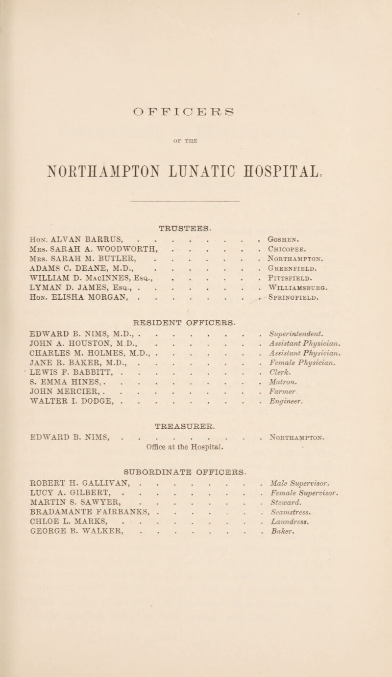 OFFICERS OF THE NORTHAMPTON LUNATIC HOSPITAL, TRUSTEES. Hox. ALVAN BARRUS, Mrs. SARAH A. WOODWORTH, Mrs. SARAH M. BUTLER, ADAMS C. DEANE, M.D., WILLIAM D. MacINNES, Esq., LYMAN D. JAMES, Esq., . Hon. ELISHA MORGAN, . . Goshen. . Chicopee. . Northampton. . Greenfield. . Pittsfield. . Williamsburg. . Springfield. RESIDENT OFFICERS. EDWARD B. NIMS, M.D., . JOHN A. HOUSTON, M D., CHARLES M. HOLMES, M.D., . JANE R. BAKER, M.D., . LEWIS F. BABBITT, .... S. EMMA HINES,. JOHN MERCIER,. WALTER I. DODGE, .... . . Assistant Physician. . Assistant Physician. TREASURER. EDWARD B. NIMS,. Office at the Hospital. SUBORDINATE OFFICERS. ROBERT H. GALLIVAN, . LUCY A. GILBERT, .... MARTIN S. SAWYER, BRAD AM ANTE FAIRBANKS, . CHLOE L. MARKS. GEORGE B. WALKER, . . Seamstress.