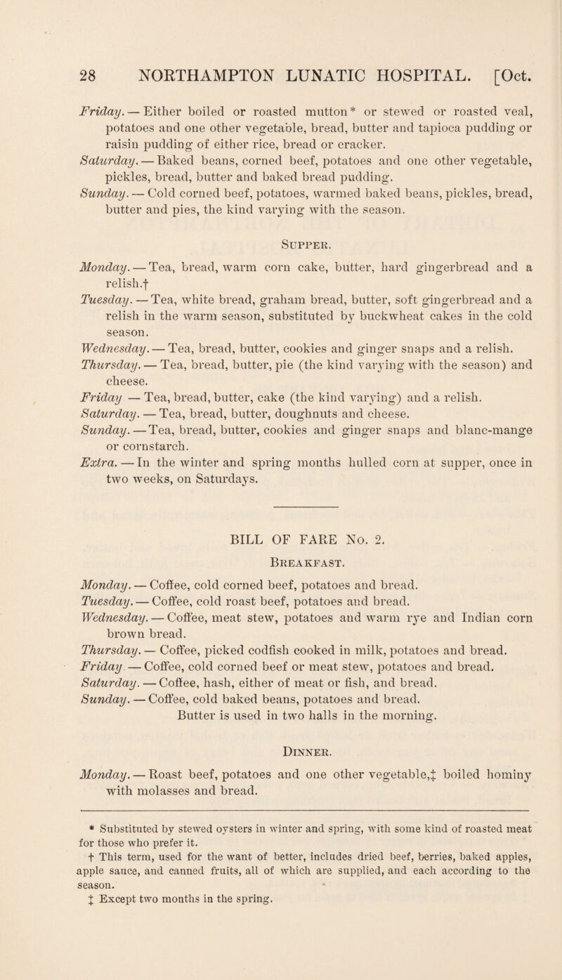 Friday. — Either boiled or roasted mutton * or stewed or roasted veal, potatoes and one other vegetable, bread, butter and tapioca pudding or raisin pudding of either rice, bread or cracker. Saturday. — Baked beans, corned beef, potatoes and one other vegetable, pickles, bread, butter and baked bread pudding. Sunday. — Cold corned beef, potatoes, warmed baked beans, pickles, bread, butter and pies, the kind varying with the season. Supper. Monday. — Tea, bread, warm corn cake, butter, hard gingerbread and a relish.f Tuesday. — Tea, white bread, graham bread, butter, soft gingerbread and a relish in the warm season, substituted by buckwheat cakes in the cold season. Wednesday. — Tea, bread, butter, cookies and ginger snaps and a relish. Thursday. — Tea, bread, butter, pie (the kind varying with the season) and cheese. Friday — Tea, bread, butter, cake (the kind varying) and a relish. Saturday. — Tea, bread, butter, doughnuts and cheese. Sunday.—Tea, bread, butter, cookies and ginger snaps and blanc-mange or cornstarch. Extra. —In the winter and spring months hulled corn at supper, once in two weeks, on Saturdays. BILL OF FARE No. 2. Breakfast. Monday. — Coffee, cold corned beef, potatoes and bread. Tuesday. — Coffee, cold roast beef, potatoes and bread. Wednesday. — Coffee, meat stew, potatoes and warm rye and Indian corn brown bread. Thursday. — Coffee, picked codfish cooked in milk, potatoes and bread. Friday. — Coffee, cold corned beef or meat stew, potatoes and bread. Saturday. —Coffee, hash, either of meat or fish, and bread. Sunday. — Coffee, cold baked beans, potatoes and bread. Butter is used in two halls in the morning. Dinner. Monday. — Roast beef, potatoes and one other vegetable,J boiled hominy with molasses and bread. * Substituted by stewed oysters in winter and spring, with some kind of roasted meat for those who prefer it. f This term, used for the want of better, includes dried beef, berries, baked apples, apple sauce, and canned fruits, all of which are supplied, and each according to the season. % Except two months in the spring.