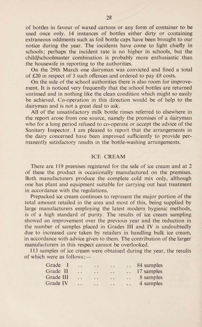 of bottles in favour of waxed cartons or any form of container to be used once only. 14 instances of bottles either dirty or containing extraneous oddments such as foil bottle caps have been brought to our notice during the year. The incidents have come to light chiefly in schools; perhaps the incident rate is no higher in schools, but the child/schoolmaster combination is probably more enthusiastic than the housewife in reporting to the authorities. On the 29th March one dairyman was convicted and fined a total of £20 in respect of 3 such offences and ordered to pay £8 costs. On the side of the school authorities there is also room for improve¬ ment. It is noticed very frequently that the school bottles are returned unrinsed and in nothing like the clean condition which might so easily be achieved. Co-operation in this direction would be of help to the dairyman and is not a great deal to ask. All of the unsatisfactory milk bottle rinses referred to elsewhere in the report arose from one source, namely the premises of a dairyman who for a long period refused to co-operate or accept the advice of the Sanitary Inspector. I am pleased to report that the arrangements in the dairy concerned have been improved sufficiently to provide per¬ manently satisfactory results in the bottle-washing arrangements. ICE CREAM There are 119 premises registered for the sale of ice cream and at 2 of these the product is occasionally manufactured on the premises. Both manufacturers produce the complete cold mix only, although one has plant and equipment suitable for carrying out heat treatment in accordance with the regulations. Prepacked ice cream continues to represent the major portion of the total amount retailed in the area and most of this, being supplied by large manufacturers employing the latest modern hygienic methods, is of a high standard of purity. The results of ice cream sampling showed an improvement over the previous year and the reduction in the number of samples placed in Grades III and IV is undoubtedly due to increased care taken by retailers in handling bulk ice cream, in accordance with advice given to them. The contribution of the larger manufacturers in this respect cannot be overlooked. 113 samples of ice cream were obtained during the year, the results of which were as follows:— Grade I Grade II Grade III Grade IV 84 samples 17 samples 8 samples 4 samples