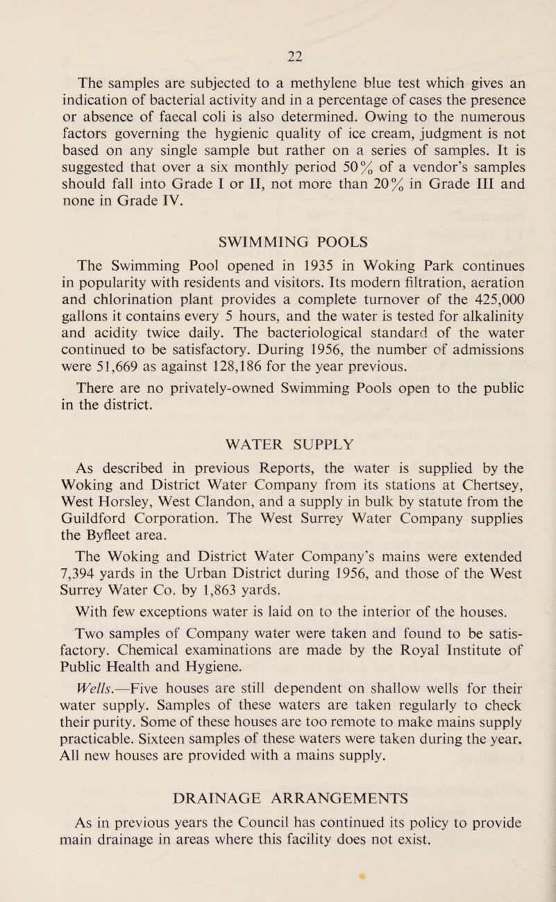 The samples are subjected to a methylene blue test which gives an indication of bacterial activity and in a percentage of cases the presence or absence of faecal coli is also determined. Owing to the numerous factors governing the hygienic quality of ice cream, judgment is not based on any single sample but rather on a series of samples. It is suggested that over a six monthly period 50% of a vendor’s samples should fall into Grade I or II, not more than 20% in Grade III and none in Grade IV. SWIMMING POOLS The Swimming Pool opened in 1935 in Woking Park continues in popularity with residents and visitors. Its modern filtration, aeration and chlorination plant provides a complete turnover of the 425,000 gallons it contains every 5 hours, and the water is tested for alkalinity and acidity twice daily. The bacteriological standard of the water continued to be satisfactory. During 1956, the number of admissions were 51,669 as against 128,186 for the year previous. There are no privately-owned Swimming Pools open to the public in the district. WATER SUPPLY As described in previous Reports, the water is supplied by the Woking and District Water Company from its stations at Chertsey, West Horsley, West Clandon, and a supply in bulk by statute from the Guildford Corporation. The West Surrey Water Company supplies the By fleet area. The Woking and District Water Company’s mains were extended 7,394 yards in the Urban District during 1956, and those of the West Surrey Water Co. by 1,863 yards. With few exceptions water is laid on to the interior of the houses. Two samples of Company water were taken and found to be satis¬ factory. Chemical examinations are made by the Royal Institute of Public Health and Hygiene. Wells.—Five houses are still dependent on shallow wells for their water supply. Samples of these waters are taken regularly to check their purity. Some of these houses are too remote to make mains supply practicable. Sixteen samples of these waters were taken during the year. All new houses are provided with a mains supply. DRAINAGE ARRANGEMENTS As in previous years the Council has continued its policy to provide main drainage in areas where this facility does not exist.