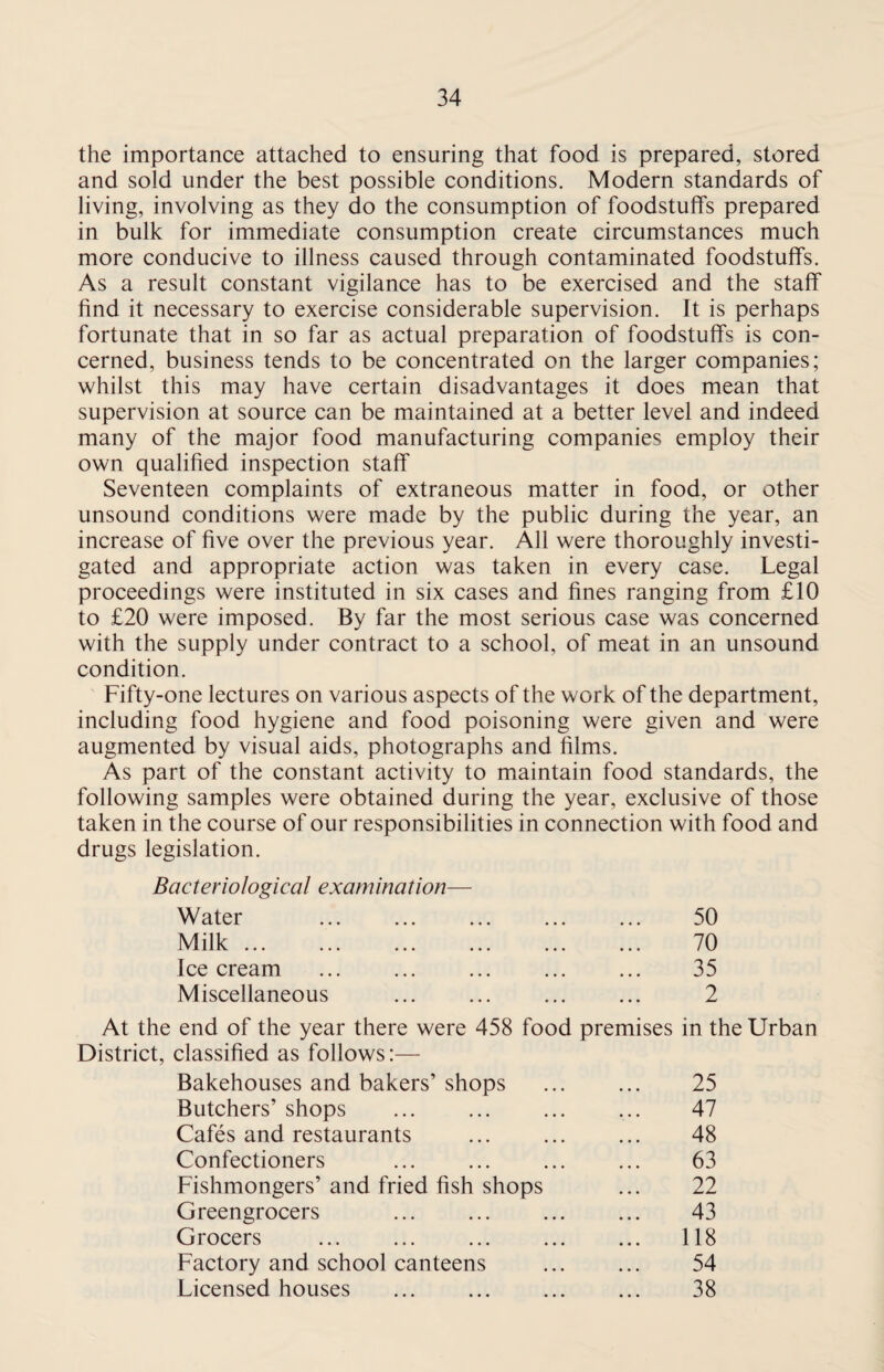 the importance attached to ensuring that food is prepared, stored and sold under the best possible conditions. Modern standards of living, involving as they do the consumption of foodstuffs prepared in bulk for immediate consumption create circumstances much more conducive to illness caused through contaminated foodstuffs. As a result constant vigilance has to be exercised and the staff find it necessary to exercise considerable supervision. It is perhaps fortunate that in so far as actual preparation of foodstuffs is con¬ cerned, business tends to be concentrated on the larger companies; whilst this may have certain disadvantages it does mean that supervision at source can be maintained at a better level and indeed many of the major food manufacturing companies employ their own qualified inspection staff Seventeen complaints of extraneous matter in food, or other unsound conditions were made by the public during the year, an increase of five over the previous year. All were thoroughly investi¬ gated and appropriate action was taken in every case. Legal proceedings were instituted in six cases and fines ranging from £10 to £20 were imposed. By far the most serious case was concerned with the supply under contract to a school, of meat in an unsound condition. Fifty-one lectures on various aspects of the work of the department, including food hygiene and food poisoning were given and were augmented by visual aids, photographs and films. As part of the constant activity to maintain food standards, the following samples were obtained during the year, exclusive of those taken in the course of our responsibilities in connection with food and drugs legislation. Bacteriological examination— Water ... . 50 Milk. 70 Ice cream ... ... ... ... ... 35 Miscellaneous ... 2 At the end of the year there were 458 food premises in the Urban District, classified as follows:— Bakehouses and bakers’ shops . 25 Butchers’ shops ... 47 Cafes and restaurants . 48 Confectioners . 63 Fishmongers’ and fried fish shops ... 22 Greengrocers ... ... ... ... 43 Grocers . 118 Factory and school canteens . 54 Licensed houses ... ... ... ... 38