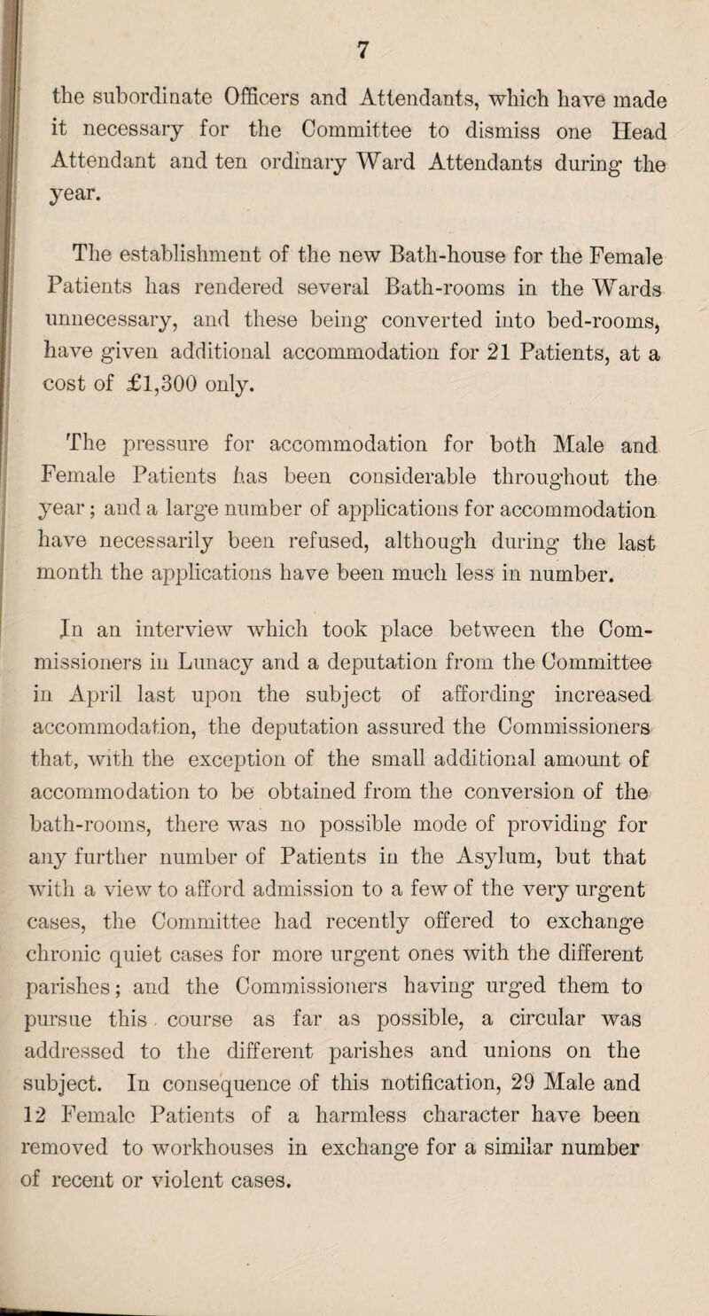 the subordinate Officers and Attendants, which have made it necessary for the Committee to dismiss one Head Attendant and ten ordinary Ward Attendants during the year. The establishment of the new Bath-house for the Female Patients has rendered several Bath-rooms in the Wards unnecessary, and these being converted into bed-rooms, have given additional accommodation for 21 Patients, at a cost of £1,300 only. The pressure for accommodation for both Male and Female Patients has been considerable throughout the year; and a large number of applications for accommodation have necessarily been refused, although during the last month the applications have been much less in number. In an interview which took place between the Com¬ missioners in Lunacy and a deputation from the Committee in April last upon the subject of affording increased accommodation, the deputation assured the Commissioners that, with the exception of the small additional amount of accommodation to be obtained from the conversion of the bath-rooms, there was no possible mode of providing for any further number of Patients in the Asylum, but that with a view to afford admission to a few of the very urgent cases, the Committee had recently offered to exchange chronic quiet cases for more urgent ones with the different parishes; and the Commissioners having urged them to pursue this course as far as possible, a circular was addressed to the different parishes and unions on the subject. In consequence of this notification, 29 Male and 12 Female Patients of a harmless character have been removed to workhouses in exchange for a similar number of recent or violent cases.