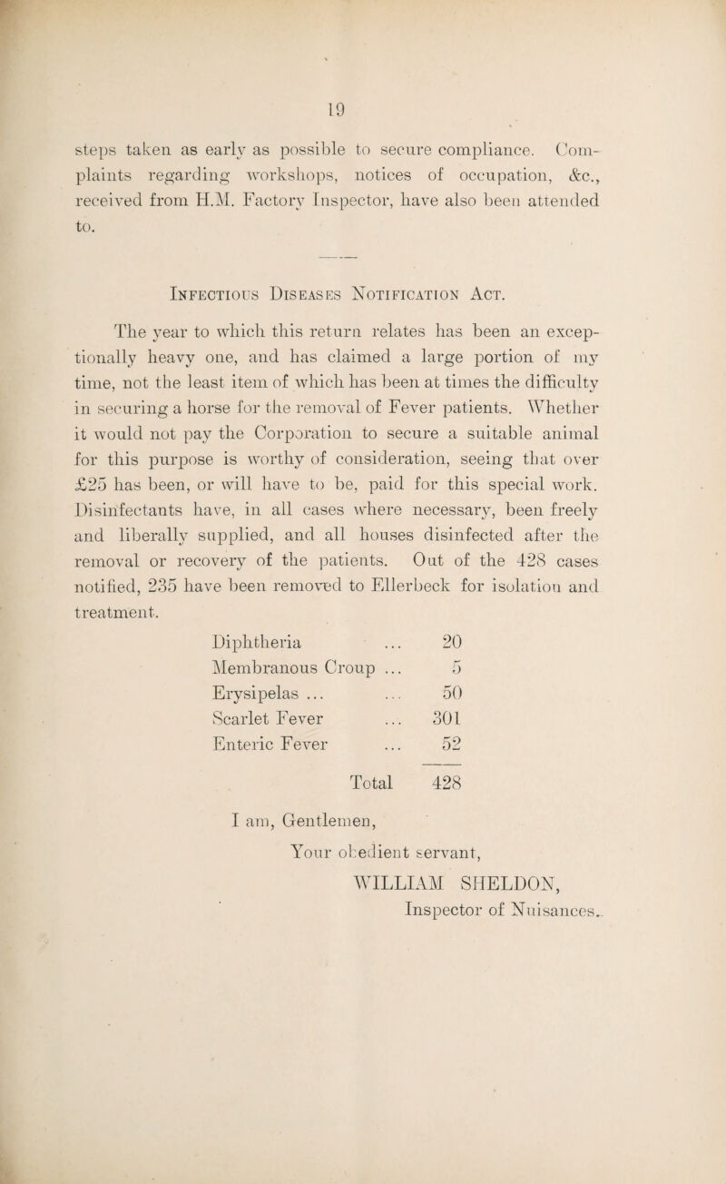 steps taken as early as possible to secure compliance. Com¬ plaints regarding workshops, notices of occupation, &c., received from H.M. Factory Inspector, have also been attended to. Infectious Diseases Notification Act. The year to which this return relates has been an excep¬ tionally heavy one, and has claimed a large portion of my time, not the least item of which, has been at times the difficulty in securing a horse for the removal of Fever patients. Whether it would not pay the Corporation to secure a suitable animal for this purpose is worthy of consideration, seeing that over £25 has been, or will have to be, paid for this special work. Disinfectants have, in all cases where necessary, been freely and liberally supplied, and all houses disinfected after the removal or recovery of the patients. Out of the 428 cases notified, 235 have been removed to Ellerbeck for isolation and treatment. Diphtheria 20 Membranous Croup ... 5 Erysipelas ... 50 Scarlet Fever 301 Enteric Fever 52 Total 428 I am, Gentlemen, Your obedient servant, WILLIAM SHELDON, Inspector of Nuisances.