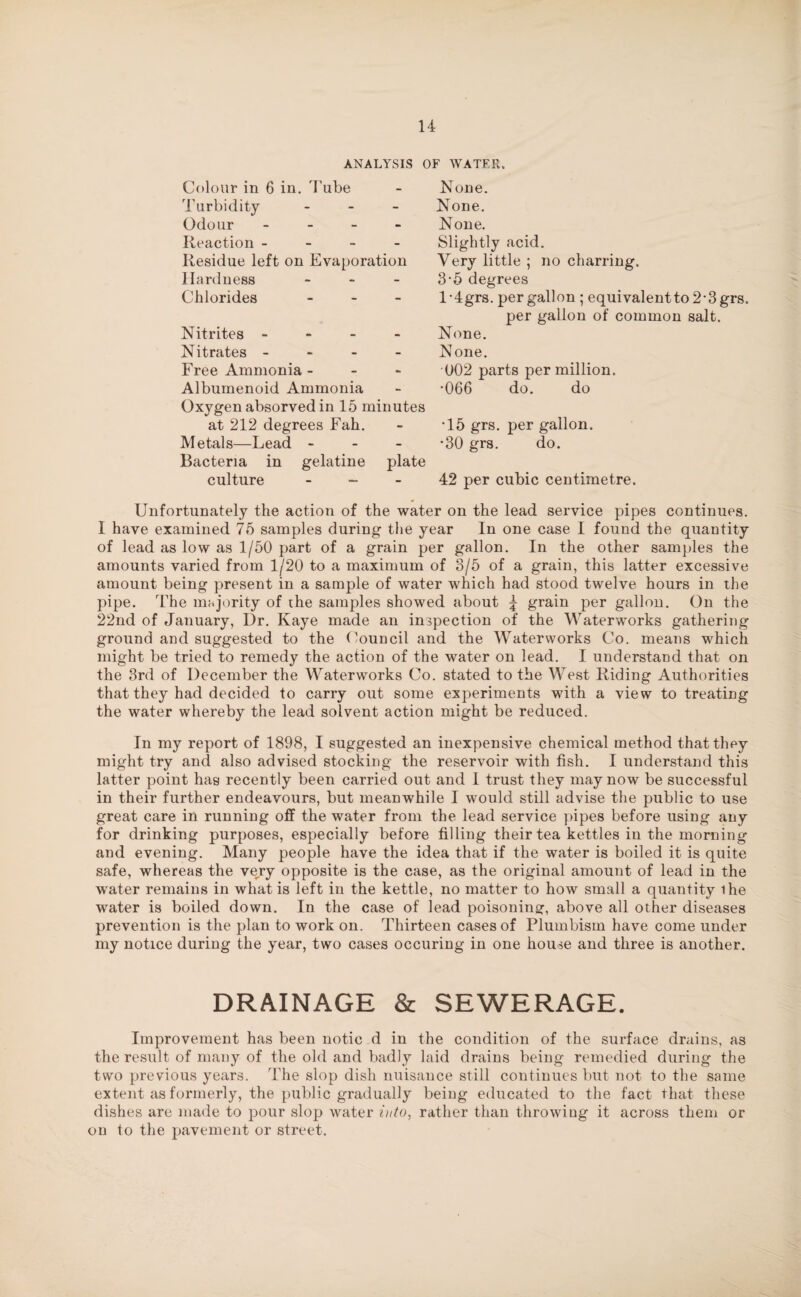 ANALYSIS OF WATER. Colour in 6 in. Tube Turbidity - Odour - Reaction - Residue left on Evaporation Hardness - Chlorides - Nitrites - Nitrates - Free Ammonia - Albumenoid Ammonia Oxygen absorvedin 15 minutes at 212 degrees Fall. Metals—Lead - Bacteria in gelatine plate culture - None. None. None. Slightly acid. Very little ; no charring. 3-5 degrees l-4grs. per gallon ; equivalents 2'3 grs. per gallon of common salt. None. None. 002 parts per million. •066 do. do T5 grs. per gallon. *30 grs. do. 42 per cubic centimetre. Unfortunately the action of the water on the lead service pipes continues. I have examined 75 samples during the year In one case I found the quantity of lead as low as 1/50 part of a grain per gallon. In the other samples the amounts varied from 1/20 to a maximum of 3/5 of a grain, this latter excessive amount being present in a sample of water which had stood twelve hours in the pipe. The majority of the samples showed about ^ grain per gallon. On the 22nd of January, Dr. Kaye made an inspection of the Waterworks gathering ground and suggested to the Council and the Waterworks Co. means which might be tried to remedy the action of the water on lead. I understand that on the 3rd of December the Waterworks Co. stated to the West Riding Authorities that they had decided to carry out some experiments with a view to treating the water whereby the lead solvent action might be reduced. In my report of 1898, I suggested an inexpensive chemical method that they might try and also advised stocking the reservoir with fish. I understand this latter point has recently been carried out and 1 trust they may now be successful in their further endeavours, but meanwhile I would still advise the public to use great care in running off the water from the lead service pipes before using any for drinking purposes, especially before filling their tea kettles in the morning and evening. Many people have the idea that if the water is boiled it is quite safe, whereas the very opposite is the case, as the original amount of lead in the water remains in what is left in the kettle, no matter to how small a quantity ihe water is boiled down. In the case of lead poisoning, above all other diseases prevention is the plan to work on. Thirteen cases of Plumbism have come under my notice during the year, two cases occuring in one house and three is another. DRAINAGE & SEWERAGE. Improvement has been notic d in the condition of the surface drains, as the result of many of the old and badly laid drains being remedied during the two previous years. The slop dish nuisance still continues but not to the same extent as formerly, the public gradually being educated to the fact that these dishes are made to pour slop water into, rather than throwing it across them or on to the pavement or street.