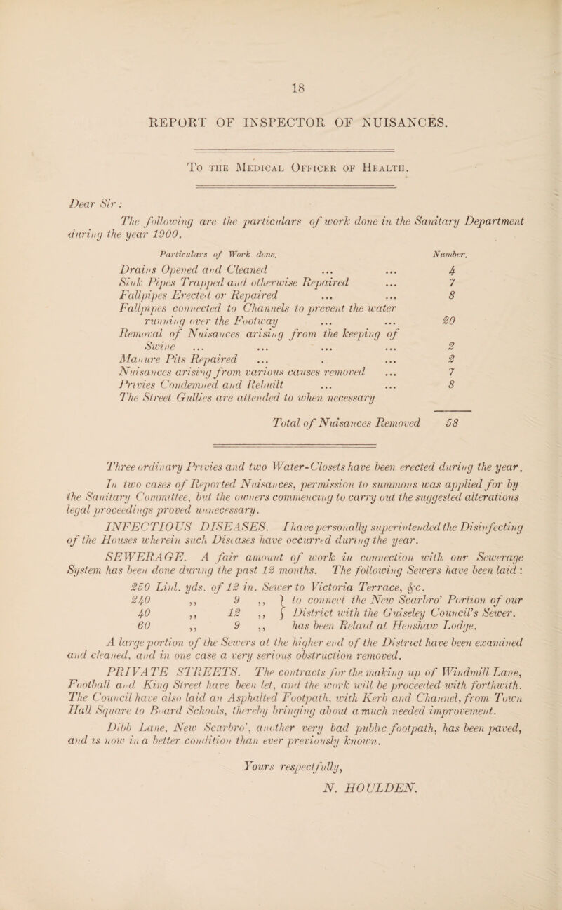 REPORT OF INSPECTOR OF NUISANCES. To the Medical Officer of Health. Dear Sir: The following are the particulars of work done in the Sanitary Department during the year 1900. Particulars of Work done. Number. Drains Opened and Cleaned ... ... A Sink Pipes Trapped and otherwise Repaired ... 7 Tailpipes Erecte<l or Repaired ... ... 8 Tailpipes connected to Channels to prevent the water running over the Tootway ... ... 20 Removal of Nuisances arising from the keeping of Swine ... ... ... ... 2 Manure Pits Repaired ... . ... 2 Nuisances arising from various causes removed ... 7 Privies Condemned and Rebuilt ... ... 8 The Street Gullies are attended to when necessary Total of Nuisances Removed 58 Three ordinary Pri vies and two Water-Closets have been erected during the year. In two cases of Reported Nuisances, permission to summons was applied for by the Sanitary Committee, but the owners commencing to carry out the suggested alterations legal proceedings proved unnecessary. INFECTIOUS DISEASES. I have personally superintended the Disinfecting of the Houses wherein such Diseases have occurred during the year. SEWERAGE. A fair amount of work in connection with our Sewerage System has been done during the past 12 months. The following Sewers have been laid : 250 Linl. yds. of 12 in. Sewer to Victoria Terrace, Spc. 2f0 ,, 9 ,, ) to connect the New Scarbro' Portion of our lf.0 ,, 12 ,, ) District with the Guiseley Council's Sewer. 60 ,, 9 ,, has been Relaid at Ilenshaw Lodge. A large portion of the Sewers at the higher end of the District have been examined and cleaned, and in one case a very serious obstruction removed. PRIVATE STREETS. The contracts for the making up of Windmill Lane, Football and King Street have been let, and the work will be proceeded with forthwith. The Council have also laid an Asphalted Footpath, with Kerb and Channel, from Town Hall Square to Board Schools, thereby bringing about a much needed improvement. Dibb Lane, Neiv Scarbro', another very bad public footpath, has been paved, and is now in a better condition than ever previously known. Yours respectfully, N. HOULDEN.