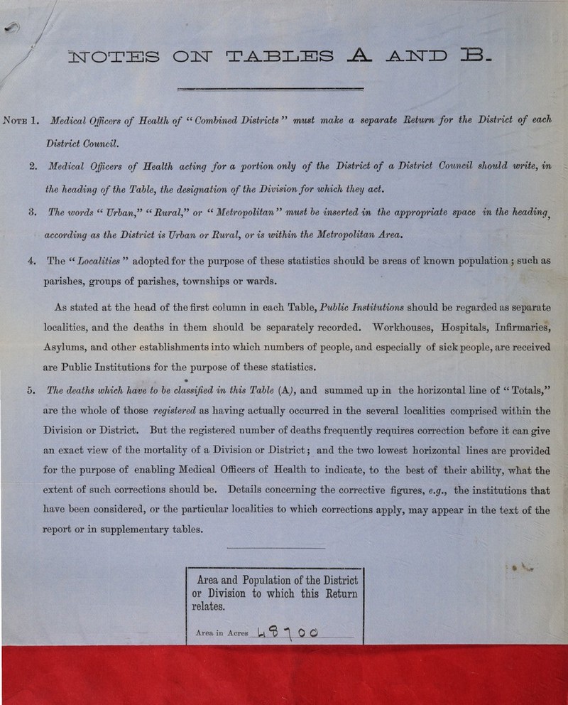 3sroTEs (Djsr JS^OTE 1. Medical Officers of Health of Combined Districts^* must mahe a separate Return for the District of each District Council. 2. Medical Officers of Health acting for a portion only of the District of a District Council should write, in the heading of the Table, the designation of the Division for which they act, 3. The words Urban,” ‘‘Rural,” or “Metropolitan” must be inserted in the appropriate space in the heading^ according as the District is Urban or Rural, or is within the Metropolitan Area, 4. The “Localities ” adopted for the purpose of these statistics should he areas of known population ; such as parishes, groups of parishes, townships or wards. As stated at the head of the first column in each Table, Public Institutions should be regarded as separate localities, and the deaths in them should be separately recorded. Workhouses, Hospitals, Infirmaries, Asylums, and other establishments into which numbers of people, and especially of sick people, are received are Public Institutions for the purpose of these statistics. 5. The deaths which have to be classified in this Table (AJ, and summed up in the horizontal line of Totals,” are the whole of those registered as having actually occurred in the several localities comprised within the Division or District. But the registered number of deaths frequently requires correction before it can give an exact view of the mortality of a Division or District; and the two lowest horizontal lines are provided for the purpose of enabling Medical Ofiicers of Health to indicate, to the best of their ability, what the extent of such corrections should be. Details concerning the corrective figures, e,g,, the institutions that have been considered, or the particular localities to which corrections apply, may appear in the text of the report or in supplementary tables. Area and Population of the District or Division to which this Eeturn relates. Area in Acres Ll ^ 0 Ci)