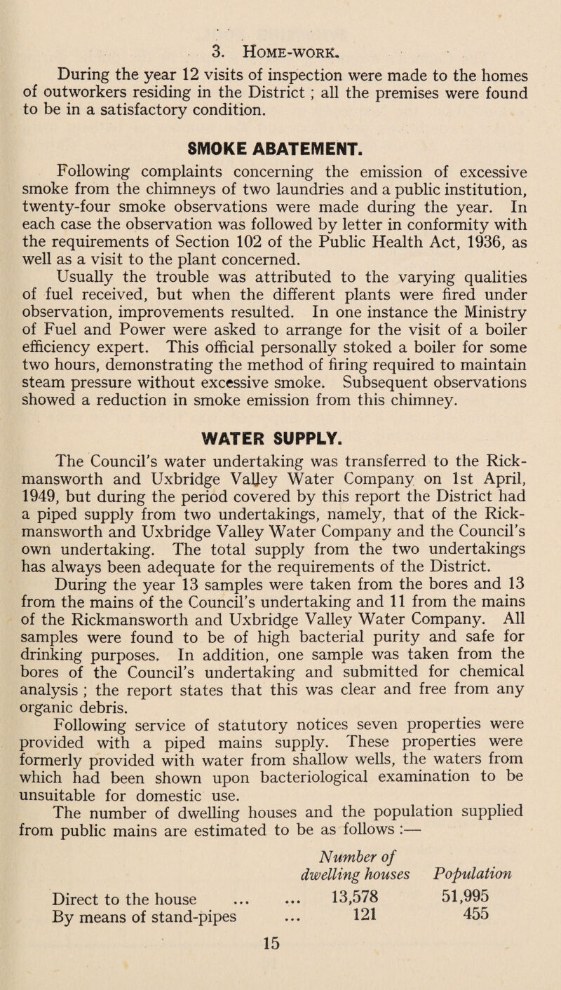 3. Home-work. During the year 12 visits of inspection were made to the homes of outworkers residing in the District; all the premises were found to be in a satisfactory condition. SMOKE ABATEMENT. Following complaints concerning the emission of excessive smoke from the chimneys of two laundries and a public institution, twenty-four smoke observations were made during the year. In each case the observation was followed by letter in conformity with the requirements of Section 102 of the Public Health Act, 1936, as well as a visit to the plant concerned. Usually the trouble was attributed to the varying qualities of fuel received, but when the different plants were fired under observation, improvements resulted. In one instance the Ministry of Fuel and Power were asked to arrange for the visit of a boiler efficiency expert. This official personally stoked a boiler for some two hours, demonstrating the method of firing required to maintain steam pressure without excessive smoke. Subsequent observations showed a reduction in smoke emission from this chimney. WATER SUPPLY. The Council's water undertaking was transferred to the Rick- mansworth and Uxbridge Valley Water Company on 1st April, 1949, but during the period covered by this report the District had a piped supply from two undertakings, namely, that of the Rick- mansworth and Uxbridge Valley Water Company and the Council’s own undertaking. The total supply from the two undertakings has always been adequate for the requirements of the District. During the year 13 samples were taken from the bores and 13 from the mains of the Council’s undertaking and 11 from the mains of the Rickmansworth and Uxbridge Valley Water Company. All samples were found to be of high bacterial purity and safe for drinking purposes. In addition, one sample was taken from the bores of the Council’s undertaking and submitted for chemical analysis ; the report states that this was clear and free from any organic debris. Following service of statutory notices seven properties were provided with a piped mains supply. These properties were formerly provided with water from shallow wells, the waters from which had been shown upon bacteriological examination to be unsuitable for domestic use. The number of dwelling houses and the population supplied from public mains are estimated to be as follows :— Number of dwelling houses Population Direct to the house ... ... 13,578 51,995 By means of stand-pipes ... 121 455