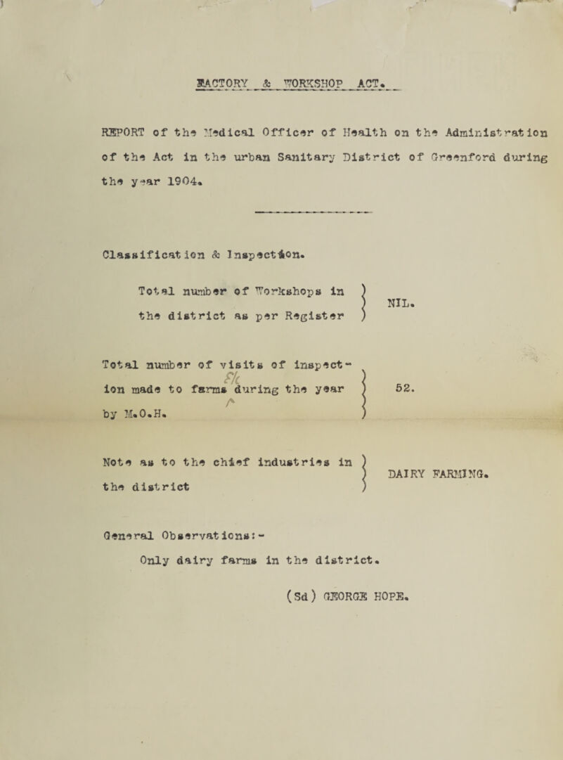 « SCACTORY & WORKSHOP ACT* REPORT of tha TIadical Officer of Health on tha Administration of tha Act in tha urban Sanitary District of Graanford during tha yaar 1904* Classification & Inspact^on* Total numbar of Workshops in tha district as par Ragistar Total numbar of visits of inspact- ion mada to farms during tha yaar A by M*O.H* 52. tha district Nota as to tha chlaf Ganaral Obsarvat- ions: - Only dairy farms in tha district* (Sd) GEORGE HOPE*