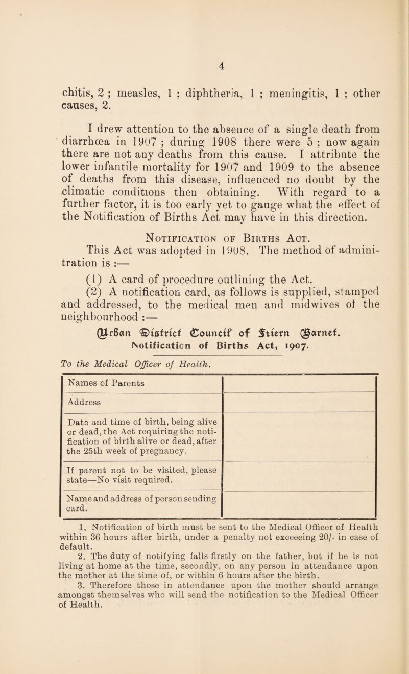 chitis, 2 ; measles, 1 ; diphtheria, 1 ; meningitis, 1 ; other causes, 2. I drew attention to the absence of a single death from diarrhoea in 1907 ; during 1908 there were 5; now again there are not any deaths from this cause. I attribute the lower infantile mortality for 1907 and 1909 to the absence of deaths from this disease, influenced no doubt by the climatic conditions then obtaining. With regard to a further factor, it is too early yet to gauge what the effect of the Notification of Births Act may have in this direction. Notification of Births Act. This Act was adopted in 19U8. The method of admini- tration is :— (1) A card of procedure outlining the Act. (2) A notification card, as follows is supplied, stamped and addressed, to the medical men and midwives of the neighbourhood :— (Urfiem district £ounctf of Sttern Q^arnef. INotificaticn of Births Act, 1907. To the Medical Officer of Health. Names of Parents Address Dat9 and time of birth, being alive or dead, the Act requiring the noti¬ fication of birth alive or dead, after the 25th week of pregnancy, If parent not to be visited, please state—No visit required. Name and address of person sending card. 1. Notification of birth most be sent to the Medical Officer of Health within 36 hours after birth, under a penalty not exceeeing 20/- in case of default. 2. The duty of notifying falls firstly on the father, but if he is not living at home at the time, secondly, on any person in attendance upon the mother at the time of, or within 6 hours after the birth. 3. Therefore those in attendance upon the mother should arrange amongst themselves who will send the notification to the Medical Officer of Health.