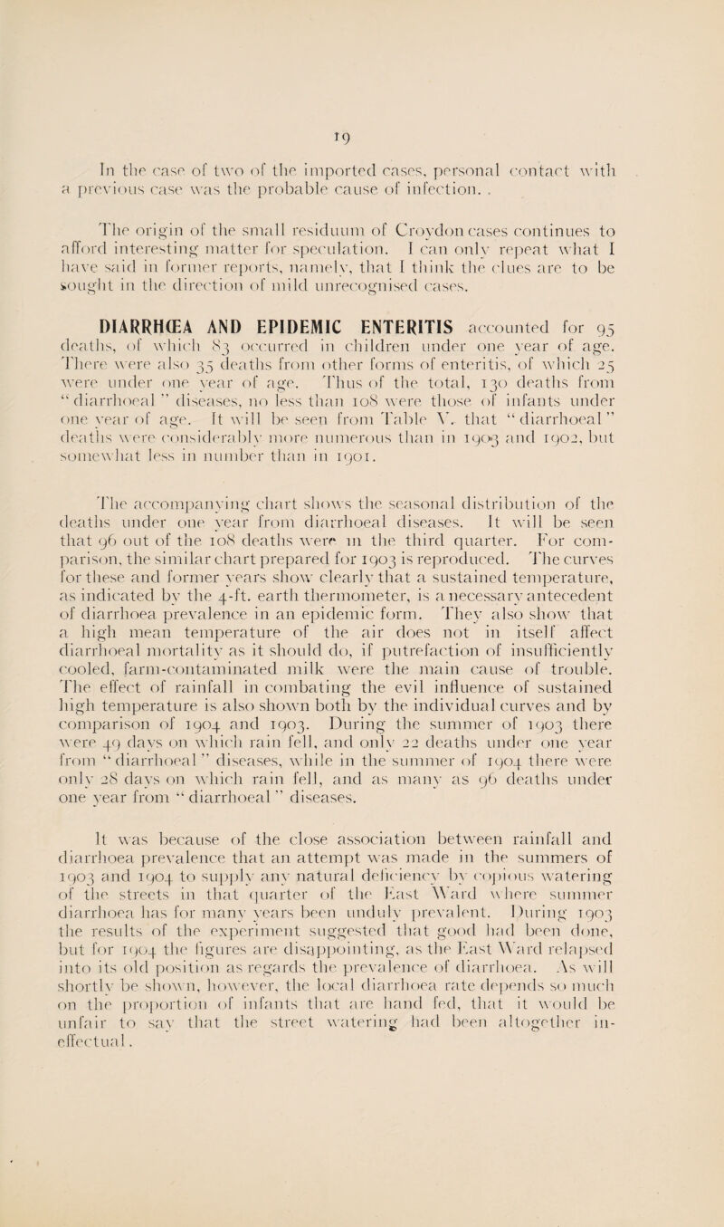 In the case of two of the imported cases, personal contact with a previous case was the probable cause of infection. The origin of the small residuum of Croydon cases continues to afford interesting matter for speculation. I can only repeat what I have said in former reports, namely, that I think the clues are to be sought in the direction of mild unrecognised cases. DIARRH(EA AND EPIDEMIC ENTERITIS accounted for 95 deaths, of which 83 occurred in children under one year of age. There w ere also 35 deaths from other forms of enteritis, of which 25 were under one year of age. Thus of the total, 130 deaths from “ diarrhoeal  diseases, no less than 108 were those of infants under one vear of age. It will be seen from Table Y. that “diarrhoeal” deaths were considerably more numerous than in 1903 and 1902, but somewhat less in number than in 1901. The accompanying chart shows the seasonal distribution of the deaths under one year from diarrhoeal diseases. It will be seen that 96 out of the 108 deaths were 111 the third quarter. For com¬ parison, the similar chart prepared for 1903 is reproduced. The curves for these and former years show clearly that a sustained temperature, as indicated by the 4-ft. earth thermometer, is a necessary antecedent of diarrhoea prevalence in an epidemic form. They also show that a high mean temperature of the air does not in itself affect diarrhoeal mortality as it should do, if putrefaction of insufficiently cooled, farm-contaminated milk were the main cause of trouble. 'Fhe effect of rainfall in combating the evil influence of sustained high temperature is also shown both by the individual curves and by comparison of 1904 and 1903. During the summer of 1903 there were 49 days on which rain fell, and only 22 deaths under one year from “diarrhoeal ” diseases, while in the summer of 1904 there were only 28 days on which rain fell, and as many as 96 deaths under one year from “ diarrhoeal ” diseases. It was because of the close association between rainfall and diarrhoea prevalence that an attempt was made in the summers of 1903 and 1904 to supply any natural deficiency by copious watering of the streets in that quarter of the least Y ard where summer diarrhoea has for many years been unduly prevalent. During 1903 the results of the experiment suggested that good had been done, but for 1904 the figures are disappointing, as the least Ward relapsed into its old position as regards the prevalence of diarrhoea. As will shortlv be shown, however, the local diarrhoea rate depends so much on the proportion of infants that are hand fed, that it would be unfair to say that the street watering had been altogether in¬ effectual .