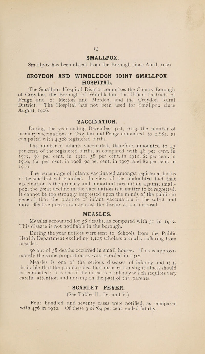 SMALLPOX, Smallpox has been absent from the Borough since April, 1906. CROYDON AND WIMBLEDON JOINT SMALLPOX HOSPITAL. The Smallpox Hospital District comprises the County Borough of Croydon, the Borough of Wimbledon, the Urban Districts of Penge and of Merton and Morden, and the Croydon Dural District. The Hospital has not been, used for Smallpox since August, IQ06. VACCINATION. During the year ending December 3Tst, 1913, the number of primary vaccinations in Croydon and Penge amounted to 1,881, as compared with 4,328 registered births. d'he number of infants vaccinated, therefore, amounted to 43 per cent, of the registered births, as compared with 48 per cent, in 1912, 58 per cent, in 1911, 58 per cent, in 1910, 62 per cent, in 1909, 62 per cent, in 1908, 90 per cent, in 1907, and 82 per cent, in 1906. The percentage of infants vaccinated amongst registered births is the smallest yet recorded. In view of the undoubted fact that vaccination is the primary and important precaution against small¬ pox, the great decline in the vaccination is a matter to be regretted, ft cannot be too strongly impressed upon the minds of the public' in general that the practice of infant vaccination is the safest and most effec'tive precaution against the disease at our disposal. MEASLES. Measles accounted for 58 deaths, as compared with 31 in 1912. d'his disease is not notifiable in the borough. During the year notices were sent to Schools from the Public Health Department excluding 1,105 scholars actually suffering from measles. 50 out of 58 deaths occurred in small houses. 'I'his is approxi¬ mately the same proportion as was recorded in 1912. Measles is one of the serious diseases of infancy and it is desirable that the popular idea that measles is a slight illness should be combated ; it is one of the diseases of infancy which requires very careful attention and nursing on the part of the parents. SCARLET FEVER. (See Tables II., IV. and \^.) Four hundred and seventy cases were notified, as compared with 476 in 1912. Of these 3 or *64 percent, ended fatally.