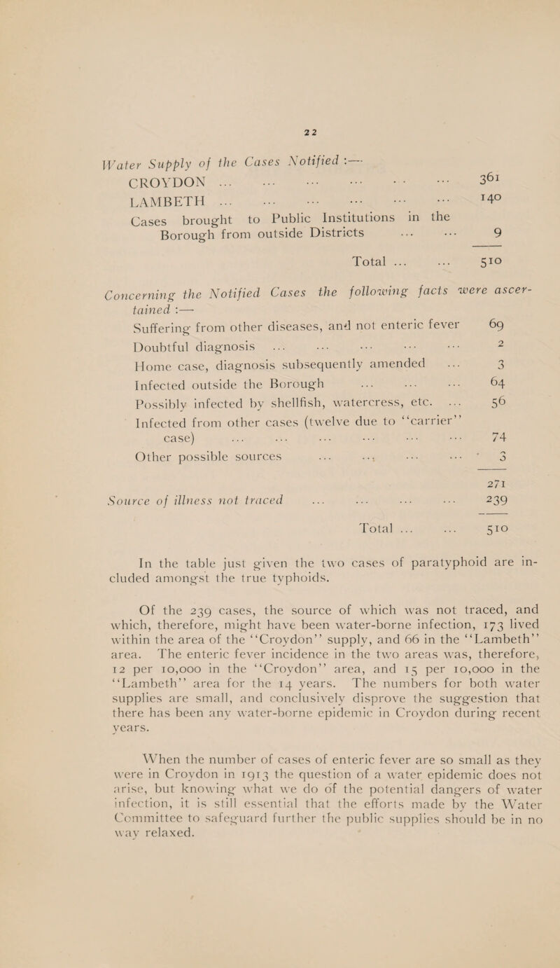 M'ater Supply of the Cases Notified :— CROYDON. 361 LAMBETH. '4° Cases brought to Public Institutions in the Boroug'h from outside Districts ••• 9 Total. 510 Concerning the Notified Cases the following facts were ascer- tained :—• Suffering from other diseases, and not enteric fevei 69 Doubtful diagnosis ... ... ••• ••• ^ Home case, diagnosis subsequently amended ... 3 Infected outside the Borough . 64 Possibly infected by shellfish, watercress, etc. ... 56 Infected from other cases (twelve due to “carrier case) ... ••• ••• ••• ••• ••• 74 Other possible sources ... .... ••• ... * 3 27i Source of illness not traced ... ... ... ••• 239 Total ... ... 510 In the table just given the two cases of paratyphoid are in¬ cluded amongst the true typhoids. Of the 239 cases, the source of which was not traced, and which, therefore, might have been water-borne infection, 173 lived within the area of the “Croydon” supply, and 66 in the “Lambeth” area. The enteric fever incidence in the two areas was, therefore, 12 per 10,000 in the “Croydon” area, and 15 per 10,000 in the “Lambeth” area for the 14 years. The numbers for both water supplies are small, and conclusively disprove the suggestion that there has been any water-borne epidemic in Croydon during recent years. When the number of cases of enteric fever are so small as they w'ere in Croydon in 1913 the question of a water epidemic does not arise, but knowing what we do of the potential dangers of water infection, it is still essential that the efforts made by the Water Committee to safeguard further the public supplies should be in no wav relaxed.