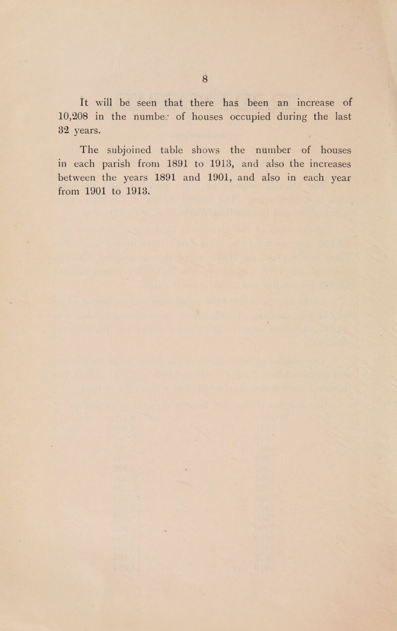 8 It will be seen that there has been an increase of 10,208 in the number of houses occupied during the last 82 years. The subjoined table shows the number of houses in each parish from 1891 to 1913, and also the increases between the years 1891 and 1901, and also in each year from 1901 to 1913.