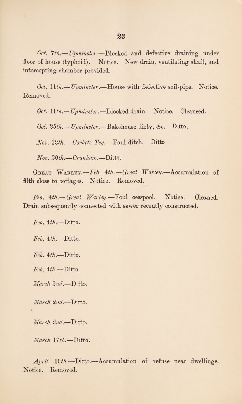 Oct. 7th.— Upminster.—Blocked and defective draining under floor of house (typhoid). Notice. New drain, ventilating shaft, and intercepting chamber provided. Oct. 11 th.— Upminster.—House with defective soil-pipe. Notice. Removed. Oct. 11th.— Upminster.—IMookodi drain. Notice. Cleansed. Oct. 25th.—•Upminster.—Bakehouse dirty, &c. Ditto. Nov. 12th.—Corbets Tey.—Foul ditch. Ditto Nov. 20th.—Cranham.—Ditto. Great Warley.— Feb. 4th.—Great War ley.—Accumulation of filth close to cottages. Notice. Removed. Feb. 4th.—•Great Warley.—-Foul cesspool. Notice. Cleaned. Drain subsequently connected with sewer recently constructed. Feb. 4th.— Ditto. Feb. 4th.—- Ditto. Feb. 4th.—Ditto. Feb. 4th.—Ditto. March 2nd.—Ditto. March 2nd.—Ditto. (. March 2nd.—Ditto. March 17 th.—Ditto. April IDtli.-—Ditto.—Accumulation of refuse near dwellings. Notice. Removed.