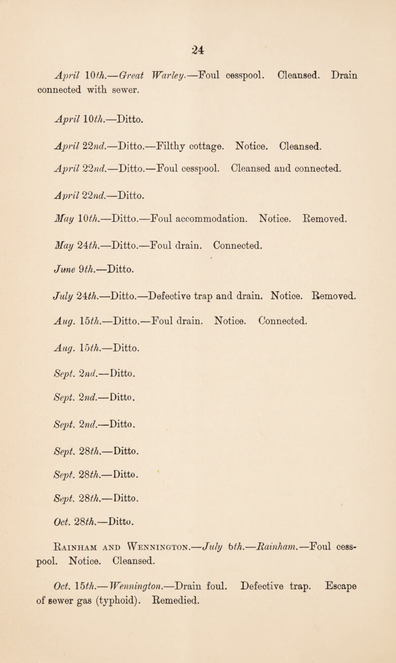 April 10th.—Great Warley.—Foul cesspool. Cleansed. Drain connected with sewer. April 10th.—Ditto. April 22nd.—Ditto.—Filthy cottage. Notice. Cleansed. April 22nd.—Ditto.—Foul cesspool. Cleansed and connected. April 22nd.—Ditto. May 10th.—Ditto.—Foul accommodation. Notice. Removed. May 24th.—Ditto.—Foul drain. Connected. Jitne 9th.—Ditto. Jidy 24th.—Ditto.—Defective trap and drain. Notice. Removed. Aug. 15th.—Ditto.—Foul drain. Notice. Connected. Aug. loth.—Ditto. Sept. 2nd.—Ditto. Sept. 2nd—Ditto. Sept. 2nd.—-Ditto. Sept. 28th.—Ditto. Sept. 28th.—Ditto. Sept. 28th.—Ditto. Oct. 28th.—-Ditto. Rainham and Wennington.—July 6th.—Rainham.—Foul cess¬ pool. Notice. Cleansed. Oct. 15th.— Wennington.—Drain foul. Defective trap. Escape of sewer gas (typhoid). Remedied.