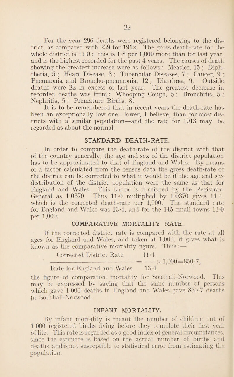 For the year 296 deaths were registered belonging to the dis¬ trict, as compared with 239 for 1912. The gross death-rate for the whole district is 11-0 : this is 1*8 per 1,000 more than for last year, and is the highest recorded for the past 4 years. The causes of death showing the greatest increase were as follows : Measles, 15 ; Diph¬ theria, 5 ; Heart Disease, 8 ; Tubercular Diseases, 7 ; Cancer, 9 ; Pneumonia and Broncho-pneumonia, 12 ; Diarrhoea, 9. Outside deaths were 22 in excess of last year. The greatest decrease in recorded deaths was from : Whooping Cough, 5 ; Bronchitis, 5 ; Nephritis, 5 ; Premature Births, 8. It is to be remembered that in recent years the death-rate has been an exceptionally low one—lower, I believe, than for most dis¬ tricts with a similar population—and the rate for 1913 may be regarded as about the normal STANDARD DEATH-RATE. In order to compare the death-rate of the district with that of the country generally, the age and sex of the district population has to be approximated to that of England and Wales. By means of a factor calculated from the census data the gross death-rate of the district can be corrected to what it would be if the age and sex distribution of the district population were the same as that for England and Wales. This factor is furnished by the Registrar- General as 1-0370. Thus 11-0 multiplied by 1-0370 gives 11-4, which is the corrected death-rate per 1,000. The standard rate for England and Wales was 13-4, and for the 145 small towns 13-0 per 1,000. COMPARATIVE MORTALITY RATE. If the corrected district rate is compared with the rate at all ages for England and Wales, and taken at 1,000, it gives what is known as the comparative mortality figure. Thus :— Corrected District Rate 11-4 -=-x 1,000=850-7, Rate for England and Wales 13-4 the figure of comparative mortality for Southall-Norwood. This may be expressed by saying that the same number of persons which gave 1,000 deaths in England and Wales gave 850-7 deaths in Southall-Norwood. INFANT MORTALITY. By infant mortality is meant the number of children out of 1,000 registered births dying before they complete their first year of life. This rate is regarded as a good index of general circumstances, since the estimate is based on the actual number of births and deaths, and is not susceptible to statistical error from estimating the population.