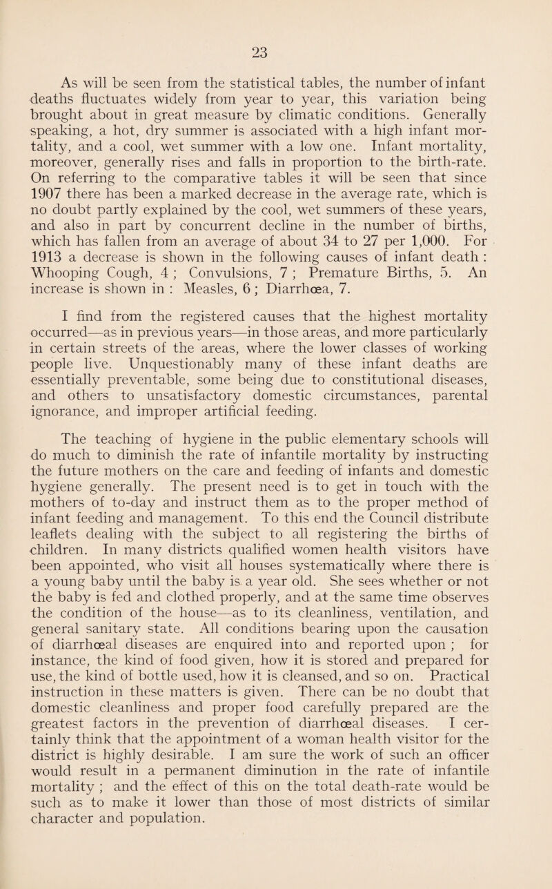 As will be seen from the statistical tables, the number of infant deaths fluctuates widely from year to year, this variation being- brought about in great measure by climatic conditions. Generally speaking, a hot, dry summer is associated with a high infant mor¬ tality, and a cool, wet summer with a low one. Infant mortality, moreover, generally rises and falls in proportion to the birth-rate. On referring to the comparative tables it will be seen that since 1907 there has been a marked decrease in the average rate, which is no doubt partly explained by the cool, wet summers of these years, and also in part by concurrent decline in the number of births, which has fallen from an average of about 34 to 27 per 1,000. For 1913 a decrease is shown in the following causes of infant death : Whooping Cough, 4 ; Convulsions, 7 ; Premature Births, 5. An increase is shown in : Measles, 6; Diarrhoea, 7. I find from the registered causes that the highest mortality occurred—as in previous years—in those areas, and more particularly in certain streets of the areas, where the lower classes of working people live. Unquestionably many of these infant deaths are essentially preventable, some being due to constitutional diseases, and others to unsatisfactory domestic circumstances, parental ignorance, and improper artificial feeding. The teaching of hygiene in the public elementary schools will do much to diminish the rate of infantile mortality by instructing the future mothers on the care and feeding of infants and domestic hygiene generally. The present need is to get in touch with the mothers of to-day and instruct them as to the proper method of infant feeding and management. To this end the Council distribute leaflets dealing with the subject to all registering the births of children. In many districts qualified women health visitors have been appointed, who visit all houses systematically where there is a young baby until the baby is a year old. She sees whether or not the baby is fed and clothed properly, and at the same time observes the condition of the house—as to its cleanliness, ventilation, and general sanitary state. All conditions bearing upon the causation of diarrhoeal diseases are enquired into and reported upon ; for instance, the kind of food given, how it is stored and prepared for use, the kind of bottle used, how it is cleansed, and so on. Practical instruction in these matters is given. There can be no doubt that domestic cleanliness and proper food carefully prepared are the greatest factors in the prevention of diarrhoeal diseases. I cer¬ tainly think that the appointment of a woman health visitor for the district is highly desirable. I am sure the work of such an officer would result in a permanent diminution in the rate of infantile mortality ; and the effect of this on the total death-rate would be such as to make it lower than those of most districts of similar character and population.
