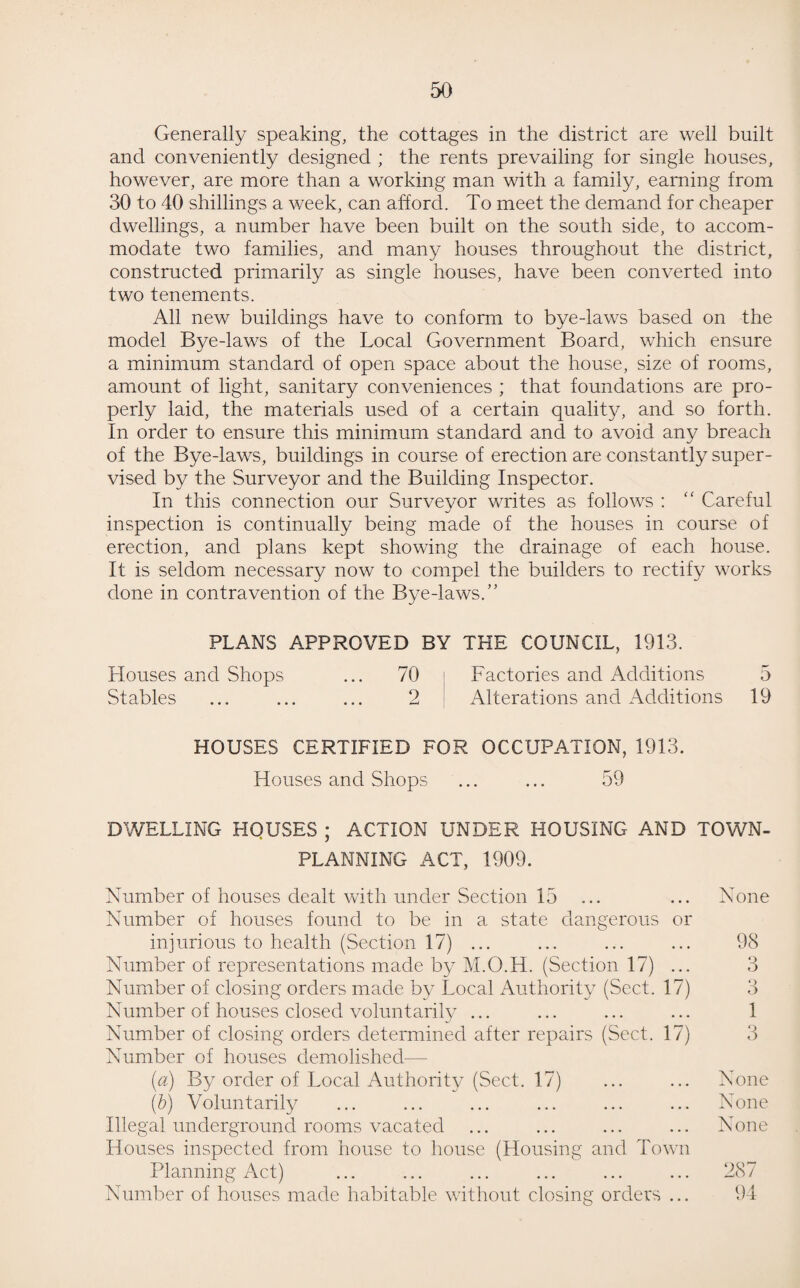 Generally speaking, the cottages in the district are well built and conveniently designed ; the rents prevailing for single houses, however, are more than a working man with a family, earning from 30 to 40 shillings a week, can afford. To meet the demand for cheaper dwellings, a number have been built on the south side, to accom¬ modate two families, and many houses throughout the district, constructed primarily as single houses, have been converted into two tenements. All new buildings have to conform to bye-laws based on the model Bye-laws of the Local Government Board, which ensure a minimum standard of open space about the house, size of rooms, amount of light, sanitary conveniences ; that foundations are pro¬ perly laid, the materials used of a certain quality, and so forth. In order to ensure this minimum standard and to avoid any breach of the Bye-laws, buildings in course of erection are constantly super¬ vised by the Surveyor and the Building Inspector. In this connection our Surveyor writes as follows : “ Careful inspection is continually being made of the houses in course of erection, and plans kept showing the drainage of each house. It is seldom necessary now to compel the builders to rectify works done in contravention of the Bye-laws.” PLANS APPROVED BY THE COUNCIL, 1913. Houses and Shops ... 70 Factories and Additions 5 Stables ... ... ... 2 Alterations and Additions 19 HOUSES CERTIFIED FOR OCCUPATION, 1913. Houses and Shops ... ... 59 DWELLING HOUSES ; ACTION UNDER HOUSING AND TOWN- PLANNING ACT, 1909. Number of houses dealt with under Section 15 ... ... None Number of houses found to be in a state dangerous or injurious to health (Section 17) ... ... ... ... 98 Number of representations made by M.O.H. (Section 17) ... 3 Number of closing orders made by Local Authority (Sect. 17) 3 Number of houses closed voluntarily ... ... ... ... 1 Number of closing orders determined after repairs (Sect. 17) 3 Number of houses demolished— {a) By order of Local Authority (Sect. 17) ... ... None (b) Voluntarily ... ... ... ... ... ... None Illegal underground rooms vacated ... ... ... ... None Houses inspected from house to house (Housing and Town Planning Act) ... ... ... ... ... ... 287 Number of houses made habitable without closing orders ... 94