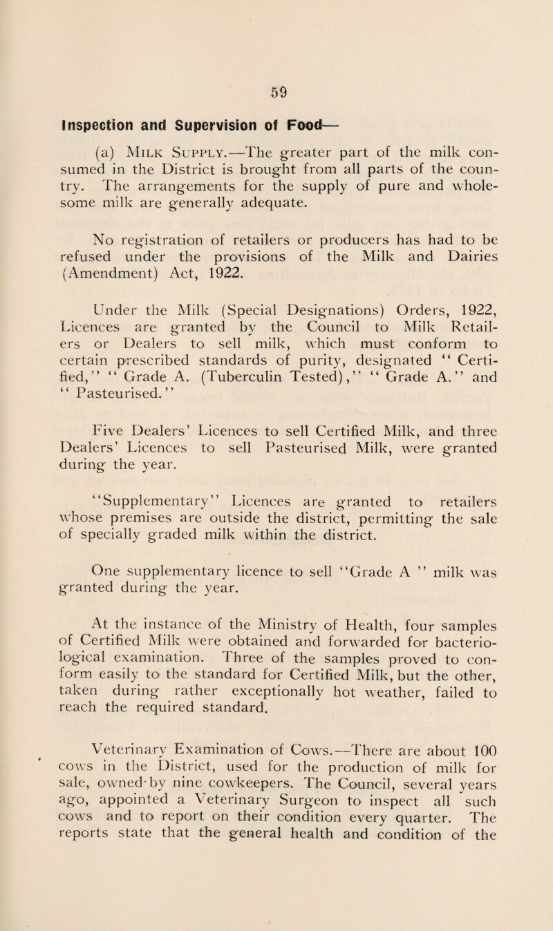 inspection and Supervision ot Food— (a) Milk Supply.—The greater part of the milk con¬ sumed in the District is brought from all parts of the coun¬ try. The arrangements for the supply of pure and whole¬ some milk are generally adequate. No registration of retailers or producers has had to be refused under the provisions of the Milk and Dairies (Amendment) Act, 1922. Under the Milk (Special Designations) Orders, 1922, Licences are granted by the Council to Milk Retail¬ ers or Dealers to sell milk, which must conform to certain prescribed standards of purity, designated “ Certi¬ fied,” “ Grade A. (Tuberculin Tested),” “ Grade A.” and “ Pasteurised. ” Five Dealers’ Licences to sell Certified Milk, and three Dealers’ Licences to sell Pasteurised Milk, were granted during the year. “Supplementary” Licences are granted to retailers whose premises are outside the district, permitting the sale of specially graded milk within the district. One supplementary licence to sell “Grade A ” milk was granted during the year. At the instance of the Ministry of Health, four samples of Certified Milk were obtained and forwarded for bacterio¬ logical examination. Three of the samples proved to con¬ form easily to the standard for Certified Milk, but the other, taken during rather exceptionally hot weather, failed to reach the required standard. Veterinary Examination of Cows.—There are about 100 cows in the District, used for the production of milk for sale, owned-bv nine cowkeepers. The Council, several years ago, appointed a Veterinary Surgeon to inspect all such cows and to report on their condition every quarter. The reports state that the general health and condition of the
