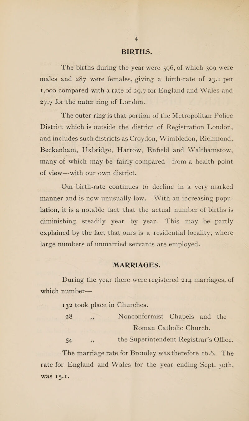 BIRTHS. The births during the year were 596, of which 309 were males and 287 were females, giving a birth-rate of 23.1 per 1,000 compared with a rate of 29.7 for England and Wales and 27.7 for the outer ring of London. The outer ring is that portion of the Metropolitan Police District which is outside the district of Registration London, and includes such districts as Croydon, Wimbledon, Richmond, Beckenham, Uxbridge, Harrow, Enfield and Walthamstow, many of which may be fairly compared—from a health point of view—with our own district. Our birth-rate continues to decline in a very marked manner and is now unusually low. With an increasing popu¬ lation, it is a notable fact that the actual number of births is diminishing steadily year by year. This may be partly explained by the fact that ours is a residential locality, where large numbers of unmarried servants are employed. MARRIAGES. During the year there were registered 214 marriages, of which number— 132 took place in Churches. 28 ,, Nonconformist Chapels and the Roman Catholic Church. 54 ,, the Superintendent Registrar’s Office. The marriage rate for Bromley was therefore 16.6. The rate for England and Wales for the year ending Sept. 30th, was 15.1.