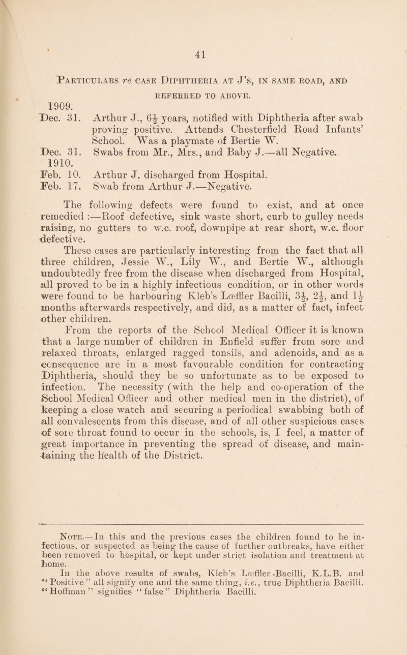 Particulars re case Diphtheria at J’s, in same road, and REFERRED TO ABOVE. 1909. Dec. 31. Arthur J., 6J years, notified with Diphtheria after swab proving positive. Attends Chesterfield Road Infants5' School. Was a playmate of Bertie W. Dec. 31. Swabs from Mr., Mrs., and Baby J.—all Negative. 1910. Feb. 10. Arthur J. discharged from Hospital. Feb. 17. Swab from Arthur J.—Negative. The following defects were found to exist, and at once remedied :—Roof defective, sink waste short, curb to gulley needs raising, no gutters to w.c. roof, downpipe at rear short, w.c. floor defective. These cases are particularly interesting from the fact that all three children, Jessie W., Lily W., and Bertie W., although undoubtedly free from the disease when discharged from Hospital, all proved to be in a highly infectious condition, or in other words were found to be harbouring Kleb’s Lceffler Bacilli, 3^, 2J, and 14 months afterwards respectively, and did, as a matter of fact, infect other children. From the reports of the School Medical Officer it is known that a large number of children in Enfield suffer from sore and relaxed throats, enlarged ragged tonsils, and adenoids, and as a consequence are in a most favourable condition for contracting Diphtheria, should they be so unfortunate as to be exposed to infection. The necessity (with the help and co-operation of the School Medical Officer and other medical men in the district), of keeping a close watch and securing a periodical swabbing both of all convalescents from this disease, and of all other suspicious cases of sore throat found to occur in the schools, is, I feel, a matter of great importance in preventing the spread of disease, and main¬ taining the health of the District. Note. —In this and the previous cases the children found to be in¬ fectious, or suspected as being the cause of further outbreaks, have either been removed to hospital, or kept under strict isolation and treatment at home. In the above results of swabs, Kleb’s Loeffier-Bacilli, K.L.B. and “ Positive ” all signify one and the same thing, i.e., true Diphtheria Bacilli. “Hoffman” signifies “false” Diphtheria Bacilli.