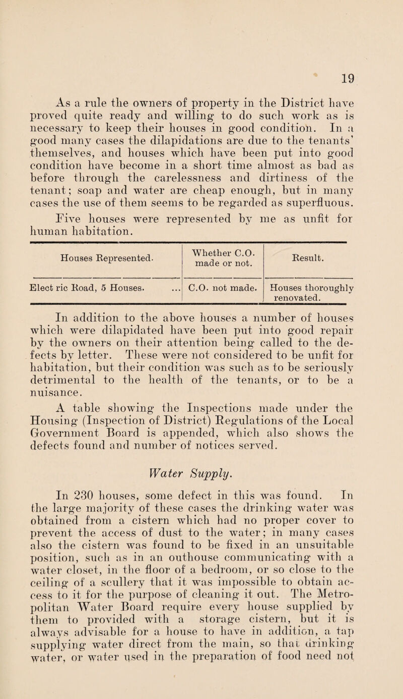 As a rule tlie owners of property in the District have proved quite ready and willing to do such work as is necessary to keep their houses in good condition. In a good many cases the dilapidations are due to the tenants’ themselves, and houses which have been put into good condition have become in a short time almost as had as before through the carelessness and dirtiness of the tenant; soap and water are cheap enough, but in many cases the use of them seems to be regarded as superfluous. Five houses were represented by me as unfit for human habitation. Houses Represented. Whether C.O. made or not. Result. Elect ric Road, 5 Houses. C.O. not made. Houses thoroughly renovated. In addition to the above houses a number of houses which were dilapidated have been put into good repair bv the owners on their attention being called to the de- fects by letter. These w^ere not considered to be unfit for habitation, but their condition was such as to be seriouslv detrimental to the health of the tenants, or to be a nuisance. A table showing the Inspections made under the Housing (Inspection of District) Regulations of the Local Government Board is appended, which also shows the defects found and number of notices served. Water Supply. In 230 houses, some defect in this was found. In the large majority of these cases the drinking water was obtained from a cistern which had no proper cover to prevent the access of dust to the water; in many cases also the cistern was found to be fixed in an unsuitable position, such as in an outhouse communicating with a water closet, in the floor of a bedroom, or so close to the ceiling of a scullery that it was impossible to obtain ac¬ cess to it for the purpose of cleaning it out. The Metro¬ politan Water Board require every house supplied by them to provided with a storage cistern, but it is always advisable for a house to have in addition, a tap supplying water direct from the main, so that; drinking water, or water used in the preparation of food need not