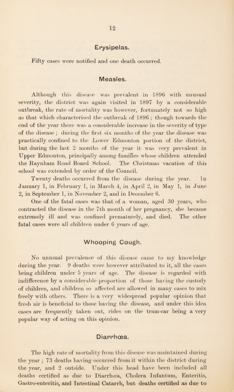 Erysipelas. Fifty cases were notified and one death occurred. Measles. Although this disease was prevalent in 1896 with unusual severity, the district was again visited in 1897 by a considerable outbreak, the rate of mortality was however, fortunately not so high as that which characterised the outbreak of 1896 ; though towards the end of the year there was a considerable increase in the severity of type of the disease; during the first six months of the year the disease was practically confined to the Lower Edmonton portion of the district, but during the last 2 months of the year it was very prevalent in Upper Edmonton, principally among families whose children attended the Raynham Road Board School. The Christmas vacation of this school was extended by order of the Council. Twenty deaths occurred from the disease during the year. In January 1, in February 1, in March 4, in April 2, in May 1, in June 2, in September 1, in November 2, and in December 6. One of the fatal cases was that of a woman, aged 30 years, who contracted the disease in the 7th month of her pregnancy, she became extremely ill and was confined prematurely, and died. The other fatal cases were all children under 6 years of age. Whooping Cough. No unusual prevalence of this disease came to my knowledge during the year. 9 deaths were however attributed to it, all the cases being children under 5 years of age. The disease is regarded with indifference by a considerable proportion of those having the custody % of children, and children so affected are allowed in many cases to mix freely with others. There is a very widespread popular opinion that fresh air is beneficial to those having the disease, and under this idea cases are frequently taken out, rides on the tram-car being a very popular way of acting on this opinion. Diarrhoea. The high rate of mortality from this disease was maintained during the year ; 73 deaths having occurred from it within the district during the year, and 2 outside. Under this head have been included all deaths certified as due to Diarrhoea, Cholera Infantum, Enteritis, Gastro-enteritis, and Intestinal Catarrh, but deaths certified as due to
