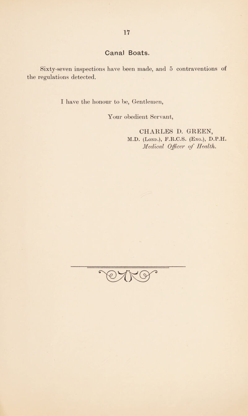 Canal Boats. Sixty-seven inspections have been made, and 5 contraventions of the regulations detected. I have the honour to be, Gentlemen, Your obedient Servant, CHARLES D. GREEN, M.D. (Lond.), F.R.C.S. (Eng.), D.P.H. Medical Officer of Health.