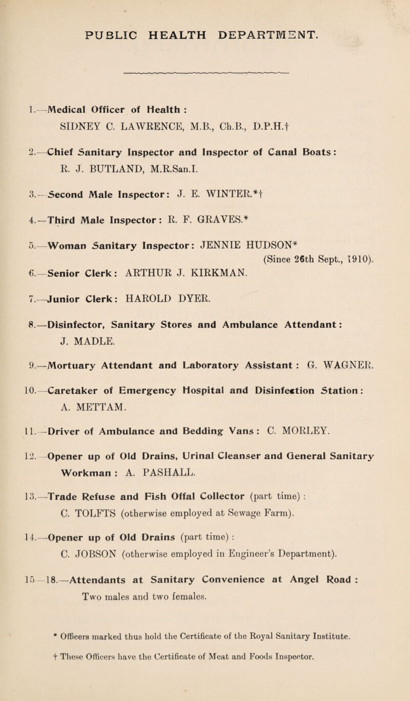 PUBLIC HEALTH DEPARTMENT. 1. —Medical Officer of Health : SIDNEY C. LAWRENCE, M.B., Ch.B., D.P.H.f 2. —Chief Sanitary Inspector and Inspector of Canal Boats: R. J. BUTLAND, M.R.San.I. 3. —Second Male Inspector: J. E. WINTER.*! 4. —Third Male Inspector: R. F. GRAVES.* 5. —Woman Sanitary Inspector: JENNIE HUDSON* (Since 26th Sept., 1910). 0.—Senior Clerk : ARTHUR J. KIRKMAN. 7. -—Junior Clerk: HAROLD DYER. 8. —Disinfector, Sanitary Stores and Ambulance Attendant: J. MADLE. 9. —Mortuary Attendant and Laboratory Assistant : G. WAGNER. 10. —Caretaker of Emergency Hospital and Disinfection Station : A. METTAM. 11. — Driver of Ambulance and Bedding Vans: C. MORLEY. 12. —Opener up of Old Drains, Urinal Cleanser and General Sanitary Workman : A. PASHALL. 13. —’Trade Refuse and Fish Offal Collector (part time) : C. TOLFTS (otherwise employed at Sewage Farm). 14. —Opener up of Old Drains (part time) : C. JOBSON (otherwise employed in Engineer’s Department). 15—18.—Attendants at Sanitary Convenience at Angel Road : Two males and two females. * Officers marked thus hold the Certificate of the Royal Sanitary Institute. ! These Officers have the Certificate of Meat and Foods Inspector.