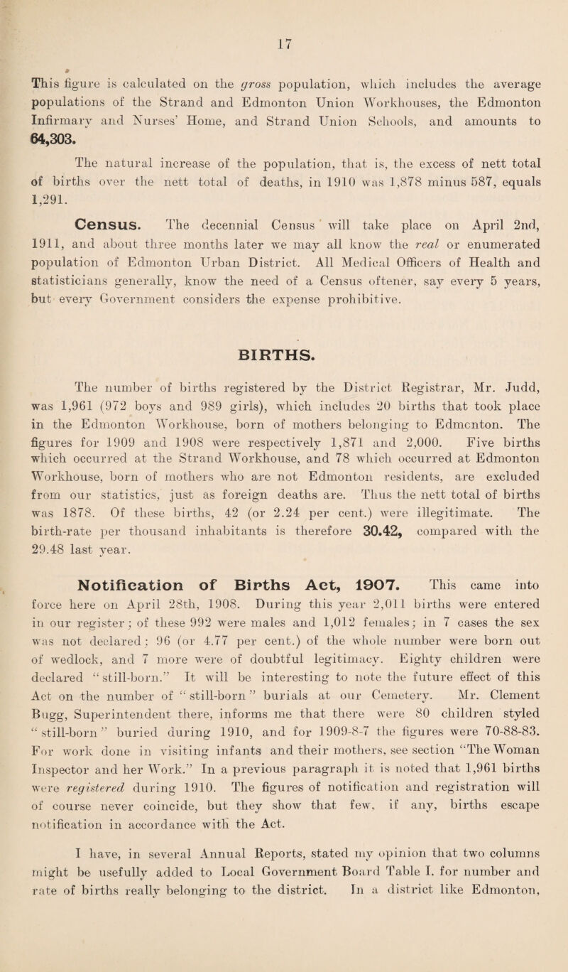 * This fig ure is calculated on the gross population, which includes the average populations of the Strand and Edmonton Union Workhouses, the Edmonton Infirmary and Nurses’ Home, and Strand Union Schools, and amounts to 64,303. The natural increase of the population, that is, the excess of nett total of births over the nett total of deaths, in 1910 was 1,878 minus 587, equals 1,291. Census. The decennial Census will take place on April 2nd, 1911, and about three months later we may all know the real or enumerated population of Edmonton Urban District. All Medical Officers of Health and statisticians generally, know the need of a Census oftener, say every 5 years, but every Government considers the expense prohibitive. BIRTHS. The number of births registered by the District Registrar, Mr. Judd, was 1,961 (972 boys and 989 girls), which includes 20 births that took place in the Edmonton Workhouse, born of mothers belonging to Edmcnton. The figures for 1909 and 1908 were respectively 1,871 and 2,000. Five births which occurred at the Strand Workhouse, and 78 which occurred at Edmonton Workhouse, born of mothers who are not Edmonton residents, are excluded from our statistics, just as foreign deaths are. Thus the nett total of births was 1878. Of these births, 42 (or 2.24 per cent.) were illegitimate. The birth-rate per thousand inhabitants is therefore 30.42, compared with the 29.48 last year. Notification of Births Act, 1907. This came into force here on April 28th, 1908. During this year 2,011 births were entered in our register; of these 992 were males and 1,012 females; in 7 cases the sex was not declared ; 96 (or 4.77 per cent.) of the whole number were born out of wedlock, and 7 more were of doubtful legitimacy. Eighty children were declared “ still-born.” It will be interesting to note the future effect of this Act on the number of “ still-born” burials at our Cemetery. Mr. Clement Bugg, Superintendent there, informs me that there were 80 children styled “still-born” buried during 1910, and for 1909-8-7 the figures were 70-88-83. For work done in visiting infants and their mothers, see section “The Woman Inspector and her Work.” In a previous paragraph it is noted that 1,961 births were registered during 1910. The figures of notification and registration will of course never coincide, but they show that few,, if any, births escape notification in accordance with the Act. I have, in several Annual Reports, stated my opinion that two columns might be usefully added to Local Government Board Table I. for number and O d rate of births really belonging to the district. In a district like Edmonton,