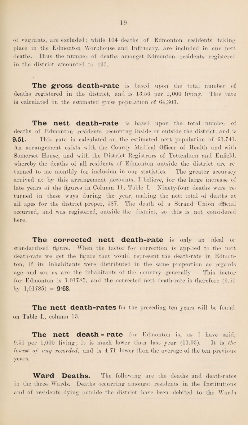 of vagrants, are excluded; while 104 deaths of Edmonton residents taking place in the Edmonton Workhouse and Infirmary, are included in our nett deaths. Thus the number of deaths amongst Edmonton residents registered in the district amounted to 493. » The g*POSS death-rate is based upon the total number of deaths registered in the district, and is 13.56 per 1,000 living. This rate is calculated on the estimated gross population of 64,303. The nett death-rate is based upon the total number of deaths of Edmonton residents occurring inside or outside the district, and is 9.51. This rate is calculated on the estimated nett population of 61,741. An arrangement exists with the County Medical Officer of Health and with Somerset House, and with the District Registrars of Tottenham and Enfield, whereby the deaths of all residents of Edmonton outside the district are re¬ turned to me monthly for inclusion in our statistics. The greater accuracy arrived at by this arrangement accounts, I believe, for the large increase of late years of the figures in Column 11, Table I. Ninety-four deaths were re¬ turned in these ways during the year, making the nett total of deaths at all ages for the district proper, 587. The death of a Strand Union official occurred, and was registered, outside the district, so this is not considered here. The eorreeted nett death-rate is only an ideal or «/ standardised figure. When the factor for correction is applied to the nett death-rate we get the figure that would represent the death-rate in Edmon¬ ton, if its inhabitants were distributed in the same proportion as regards age and sex as are the inhabitants of the country generally. This factor for Edmonton is 1.01785, and the corrected nett death-rate is therefore (9.51 by 1,01785) - 9’68. The nett death-rates for the preceding ten years will be found on Table I., column 13. The nett death - rate for Edmonton is, as I have said, 9.51 per 1,000 living; it is much lower than last year (11.03). It is the lowest of any recorded, and is 4.71 lower than the average of the ten previous years. «/ Ward Deaths. The following are the deaths and death-rates in the three Wards. Deaths occurring amongst residents in the Institutions and of residents dying outside the district have been debited to the Wards