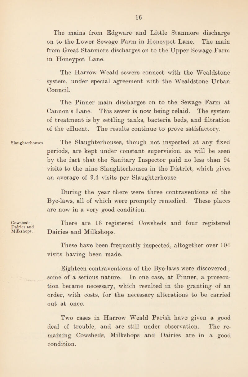 Slaughterhouses Cowsheds, Dairies and Milkshops. The mains from Edgware and Little Stanmore discharge on to the Lower Sewage Farm in Honeypot Lane. The main from Great Stanmore discharges on to the Upper Sewage Farm in Honeypot Lane. The Harrow Weald sewers connect with the Wealdstone system, under special agreement with the Wealdstone Urban Council. The Pinner main discharges on to the Sewage Farm at Cannon’s Lane. This sewer is now being relaid. The system of treatment is by settling tanks, bacteria beds, and filtration of the effluent. The results continue to prove satisfactory. The Slaughterhouses, though not inspected at any fixed periods, are kept under constant supervision, as will be seen by the fact that the Sanitary Inspector paid no less than 94 visits to the nine Slaughterhouses in the District, which gives an average of 9.4 visits per Slaughterhouse. During the year there were three contraventions of the Bye-laws, all of which were promptly remedied. These places are now in a very good condition. There are 16 registered Cowsheds and four registered Dairies and Milkshops. These have been frequently inspected, altogether over 104 visits having been made. Eighteen contraventions of the Bye-laws were discovered; some of a serious nature. In one case, at Pinner, a prosecu¬ tion became necessary, which resulted in the granting of an order, with costs, for the necessary alterations to be carried out at once. Two cases in Harrow Weald Parish have given a good deal of trouble, and are still under observation. The re¬ maining Cowsheds, Milkshops and Dairies are in a good condition.