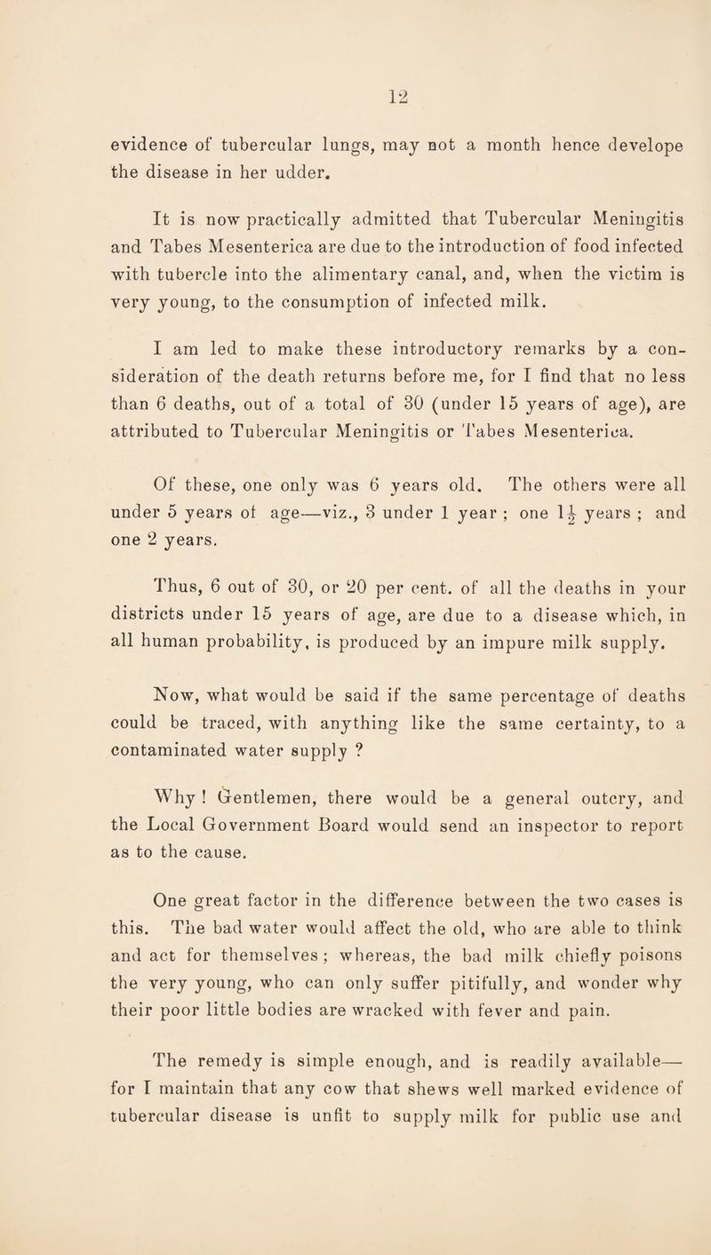 evidence of tubercular lungs, may not a month hence develope the disease in her udder. It is now practically admitted that Tubercular Meningitis and Tabes Mesenterica are due to the introduction of food infected with tubercle into the alimentary canal, and, when the victim is very young, to the consumption of infected milk. I am led to make these introductory remarks by a con¬ sideration of the death returns before me, for I find that no less than 6 deaths, out of a total of 30 (under 15 years of age), are attributed to Tubercular Meningitis or 'I’abes Mesenterica. Of these, one only was 6 years old. The others were all under 5 years of age—viz., 3 under 1 year ; one 1^ years ; and one 2 years. Thus, 6 out of 30, or 20 per cent, of all the deaths in your districts under 15 years of age, are due to a disease which, in all human probability, is produced by an impure milk supply. Now, what would be said if the same percentage of deaths could be traced, with anything like the same certainty, to a contaminated water supplj ? Why ! Gentlemen, there would be a general outcry, and the Local Government Board would send an inspector to report as to the cause. One great factor in the difference between the two cases is this. The bad water would affect the old, who are able to think and act for themselves; whereas, the bad milk chiefly poisons the very young, who can only suffer pitifully, and wonder why their poor little bodies are wracked with fever and pain. The remedy is simple enough, and is readily available— for I maintain that any cow that shews well marked evidence of tubercular disease is unfit to supply milk for public use and