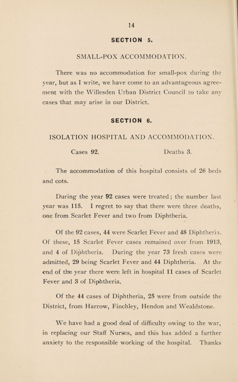 SECTION 5. SMALL-POX ACCOMMODATION. There was no accommodation for small-pox during the year, but as I write, we have come tO' an advantageous agree¬ ment with the Willesden Urban District Council to take any cases 'that may arise in our District. SECTION 6. ISOLATION HOSPITAL AND ACCOMMODATION. Cases 92. Deaths 3. The accommodation of this hospital consists of 26 beds and cots. During the year 92 cases were treated ; the number last year was 115. I regret to say that there were three deaths, one from Scarlet Fever and two from Diphtheria. Of the 92 cases, 44 were Scarlet Fever and 48 Diphtheria. Of these, 15 Scarlet Fever cases remained over from 1913, and 4 of Diphtheria. During the year 73 fresh cases were admitted, 29 being Scarlet Fever and 44 Diphtheria. At the end of the year there were left in hospital 11 cases of Scarlet Fever and 3 of Diphtheria. Of the 44 cases of Diphtheria, 25 were from outside the District, from Harrow, Finchley, Hendon and Wealdstone. We have had a good deal of difficulty owing to the war, in replacing our Staff Nursies, and this has added a further anxiety to the responsible working of the hospital. Thanks