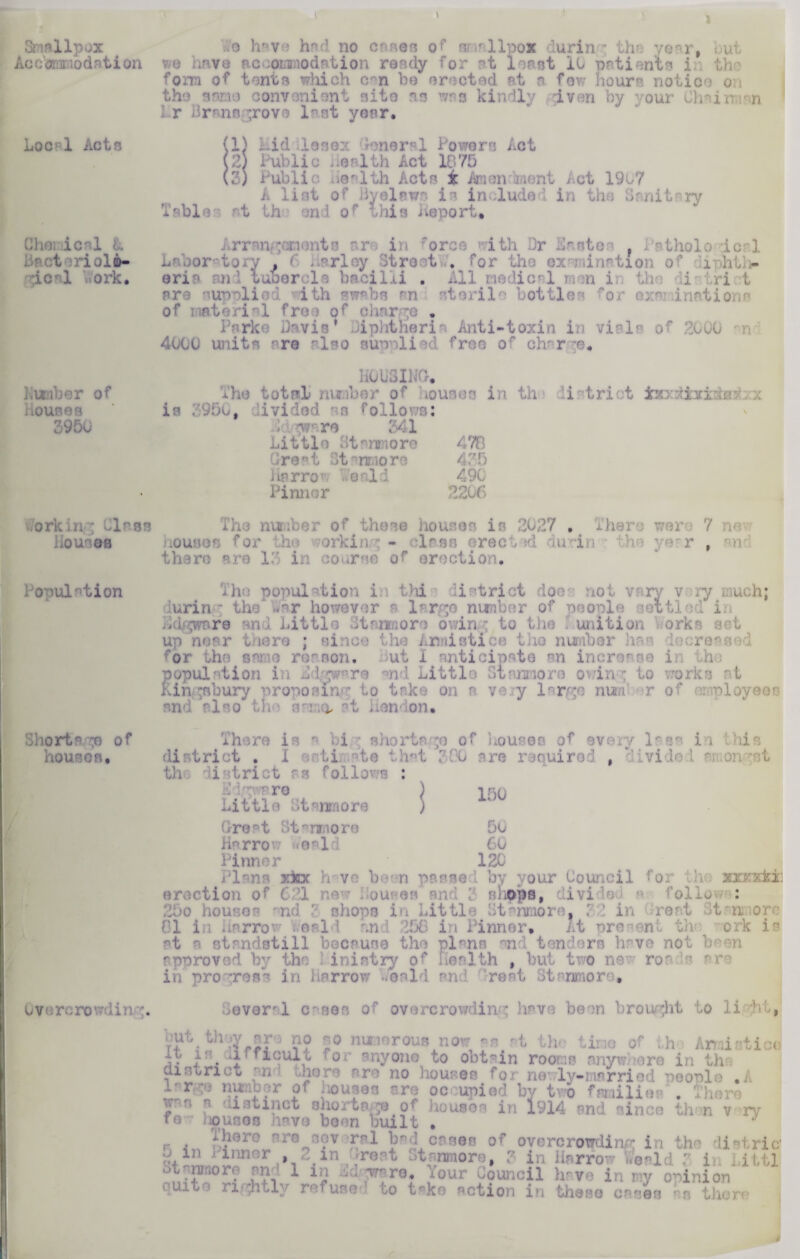 Smallpox Accommodation Local Acta Chemical L Pact?rlolD- ;ic^l ork. Number of liOUSOS 3950 .orkin-3 Blagg Lour os Population Shortage of houses* Gvercrowdin .0 have hnd no cases of smallpox during the year, but we have accommodation ready for at least 10 patients i th form of tents which can he erected at a few hours notice on the same convenient site ns wag kindly dven by your Chairman r Brans grove last year. (1) Lid losox dmersl Powers Act \2) Public health Act IB75 (3) Public health Acts i Amennent Act 1907 A list of Byelaws is included in the Sanitary Table t th aril or this Deport, Arrangements nr • in 'orce ith Or haste - . Patholo ie 1 Laboratory . 6 Harley Street . for the examination of liphth* eria and tubercle bacilli . All medical men i i tri t are supplied *ith swabs an sterile bottles for orai inntions of raateril free of choree . Parke Davis* Diphtheria Anti-toxin in vials of 2000 -n 4000 units are also supplied free or char ge* HOUSING. The total number of houses in th district texixxrM/x is . 950, ivi Sd n folio*mi i ywre 341 Little Stsnmore 47B Great St-nmoro 435 Harrow he aid 49C Pinner 2205 The number of those house a ir: 5027 • Thei wer 7 ne houses for orking - class erected lurin year , an there arc 13 in course of erection. The population in t>ii '.istrict doe not vary v ry much; lurin ' the Aar however a largo nunber of people settled in Ddgwnre mil Little 3t rumor* ov/in : to the unition orka set up near there ; since the Amlstl< t io nu iecreased for the same reason. ut i anticipate an increase i population in Jp*prre ~nd Little St anno ro owin3 to works at Kingsbury proponing to take on a veiy largo nun. r of employees and also th* armo, ?t London, There in a P-i3 shortage of house0 of every lags ii this di trict . 1 :■ ti. ate that 3 CO are r quii , ' t th istrict an follows : 3 Pp ■■ ro Little Dtanmore 150 G-r0 p t St ^ nm 0 re 50 Harrow Weald 60 Pinner 120 Plans xfcx h ve been panned by your Council for the xxKxfci; otion of 6 51 ne * Mou es i ..ops, 'ivi'-. folio • : 25o houses nd ' shops in Little Stanmoro, 3 3 in rent >t - n -orr 81 i Harrow . e« 1 1 an 556 in Pinner, t present the work is at a standstill because the pl*ns and tenders have not bn approved by the 1 inistry of Health , but two nee ror rm in pro ’read in harrow Weald am! rent Stanmoro, Dover a 1 cases of overcrowding have been brought to li P‘,, Ami tico but they nr-5 no so numerous now an at the tine of th j. y . ficult .0; anyone to obtain rooms anywhere in th district an there are no houses for no ly-married people .i l'r/:e number of ... in arc occupied by two families . There w s a distinct shorten o- houses in 1914 and since th n v ry fe houses have been built . there are sov ral bad cases of overcrowding in the di^tric Harrow Weald 3 in Littl .,•4. • lx*! - t■ ---- h^ve in my opinion suite rightly refuse to trke action in these esses aa there AHere arc sov rai pad cases of overcr u m dinner , 2 in Great Stanaors, 3 i. Ha otWiOre an 1 in dd vrro. Your Council hr 1 1 *1 4* /*i vts mU 1 1 » - ^ __ 1 .1 1 1 1 * * . _ J